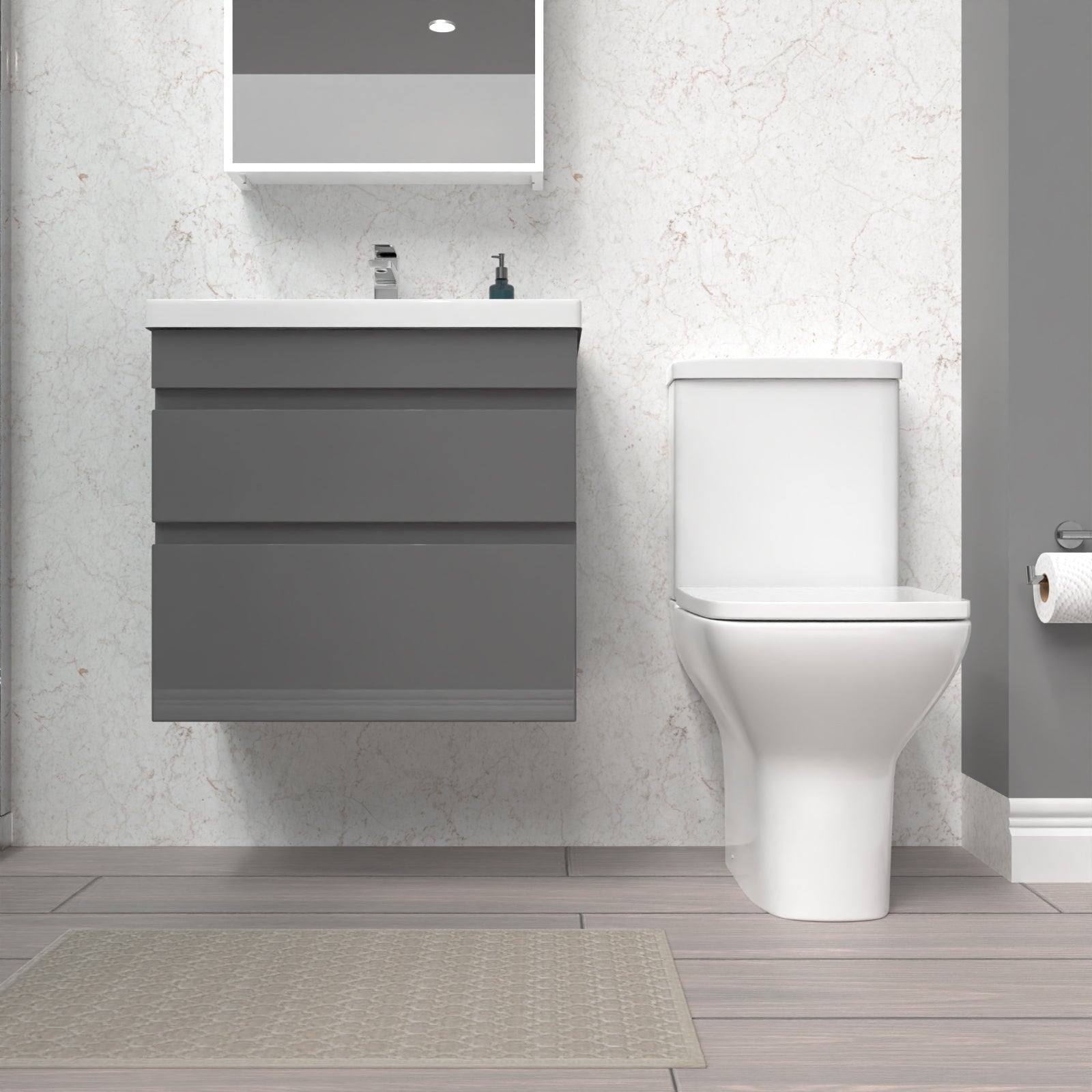 Alaska 600mm Wall Hung Drawers Vanity Unit Steel Grey & Rimless Toilet Set