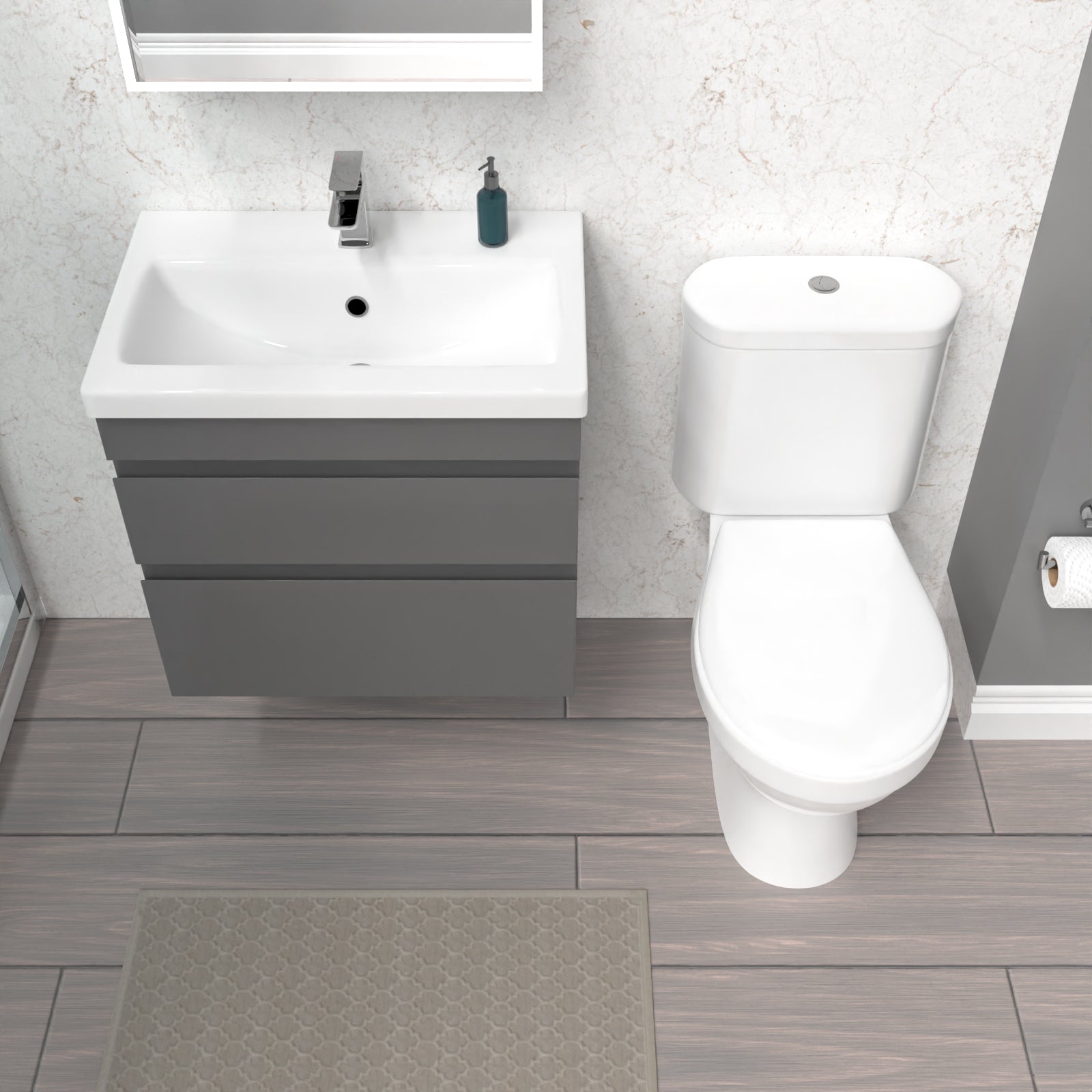 Alaska 600mm Steel Grey Wall Hung 2 Drawers Vanity Unit & Close Coupled Toilet