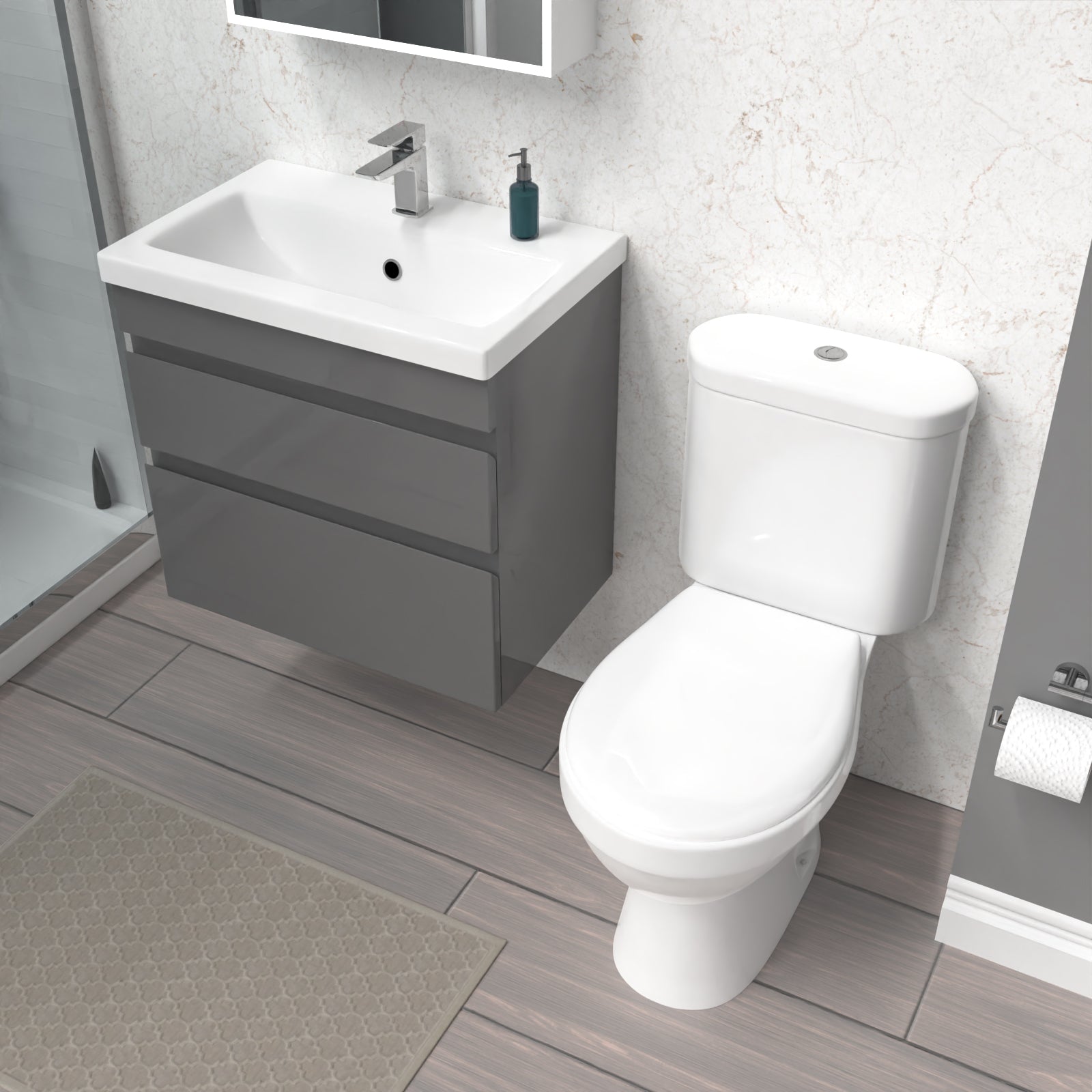 Alaska 600mm Steel Grey Wall Hung 2 Drawers Vanity Unit & Close Coupled Toilet