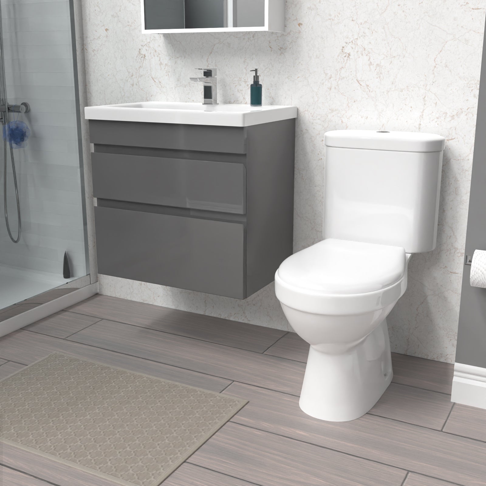 Alaska 600mm Steel Grey Wall Hung 2 Drawers Vanity Unit & Close Coupled Toilet