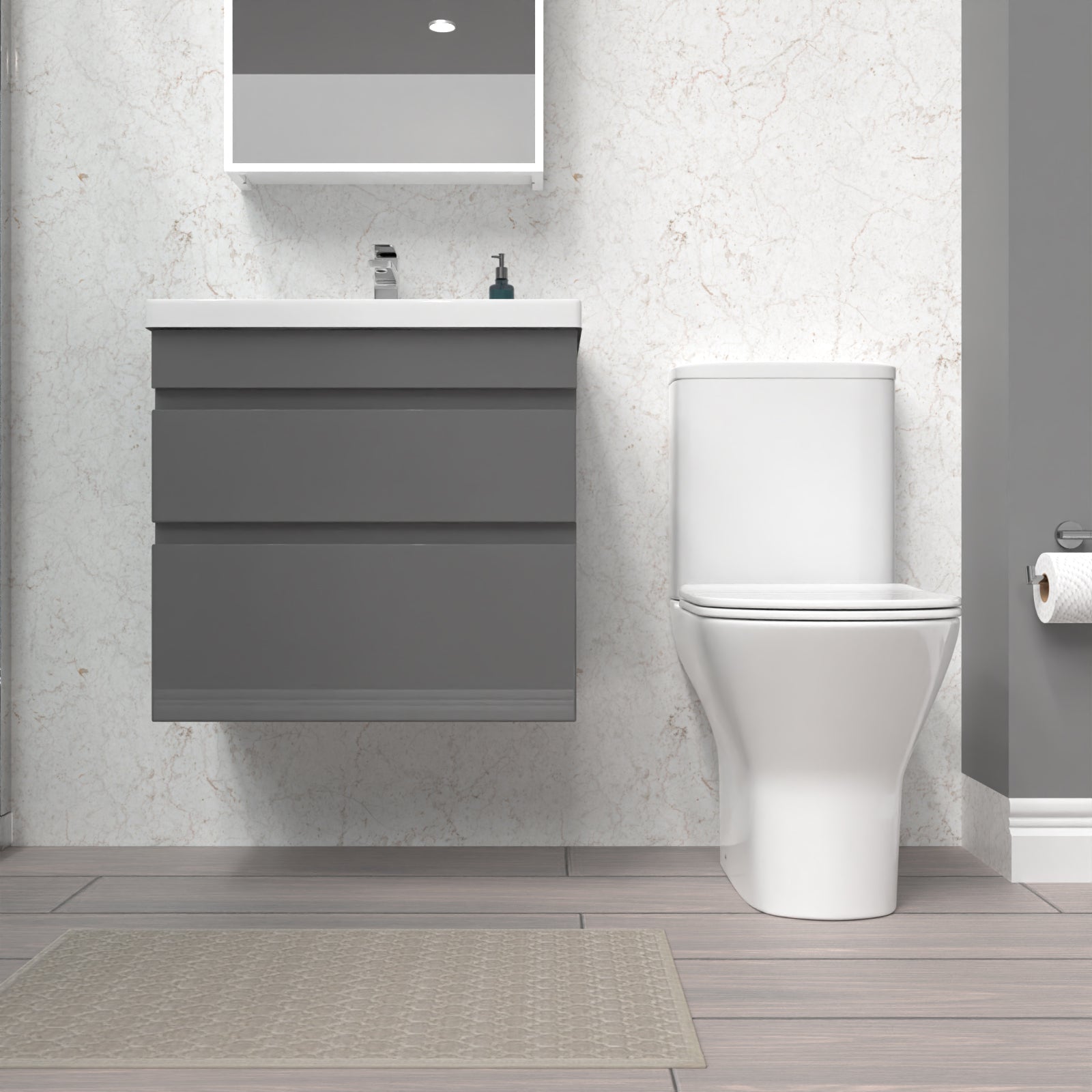 Alaska 600mm Drawers Vanity Unit Wall Hung Steel Grey & Rimless Toilet Set