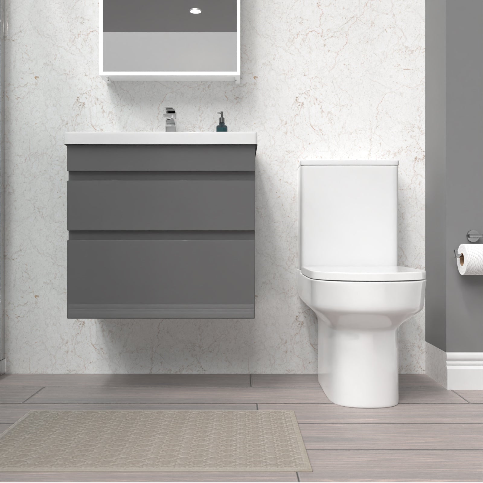 Alaska Steel Grey 600mm Drawers Vanity Unit Wall Hung & Rimless Toilet Set