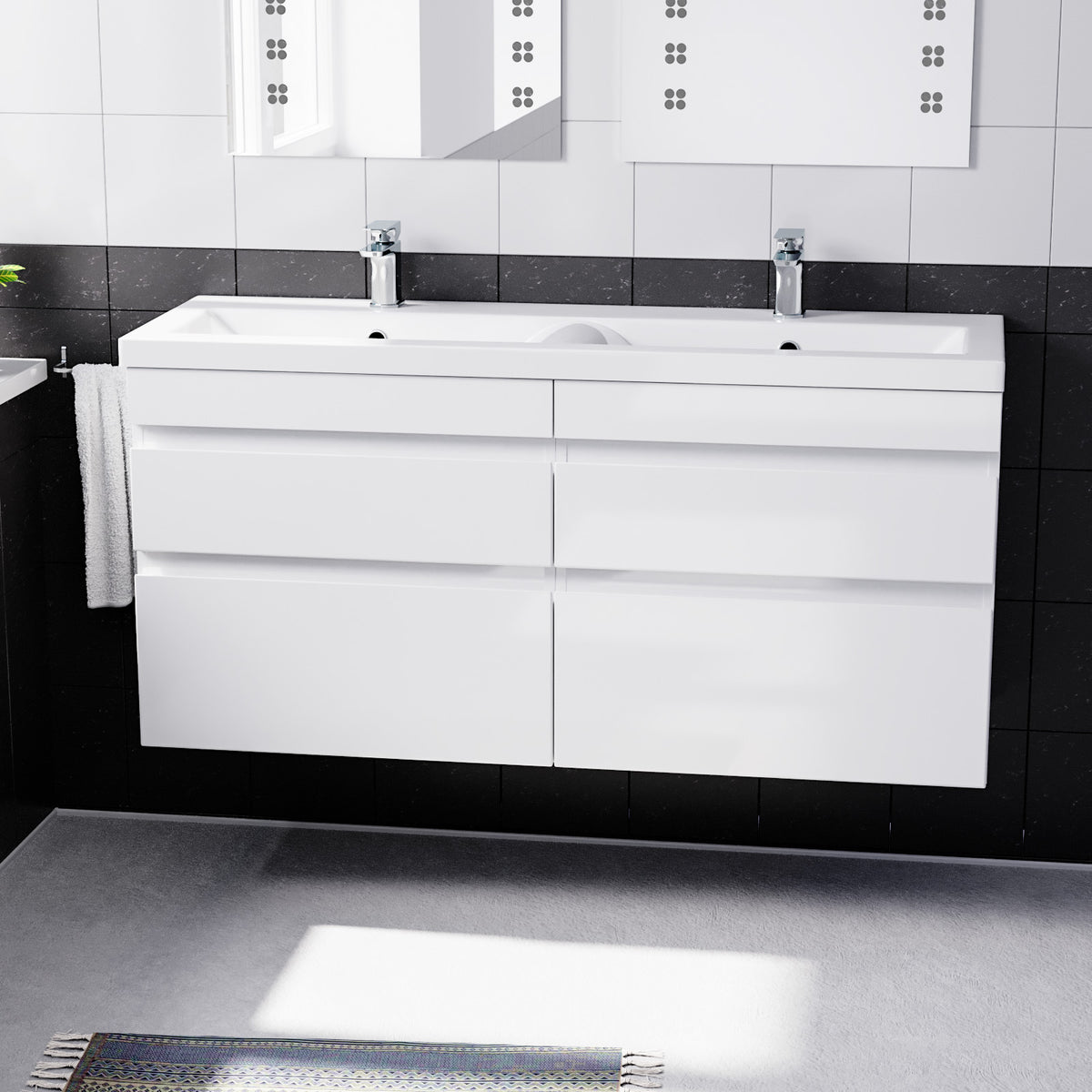 Set of 2 Wall Hung 600mm Handless Cabinet with Ceramic Mid-Edge Twin Basin - White