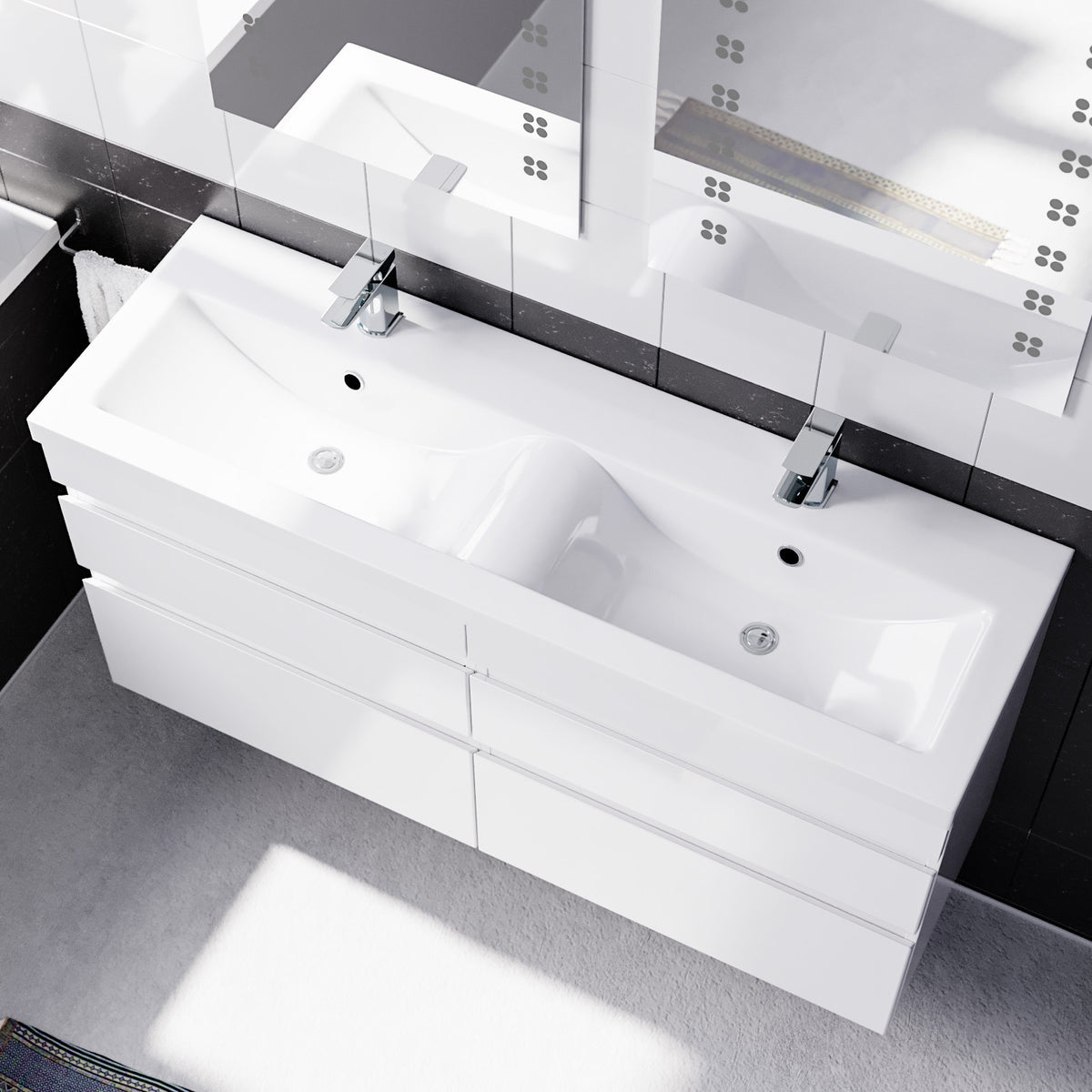 Set of 2 Wall Hung 600mm Handless Cabinet with Ceramic Mid-Edge Twin Basin - White