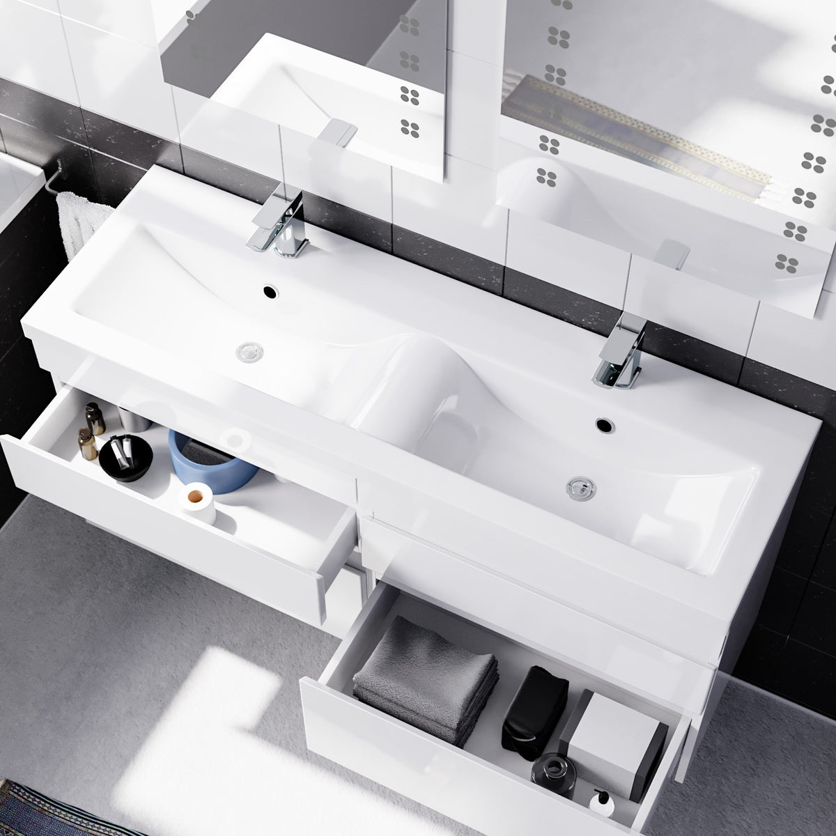 Set of 2 Wall Hung 600mm Handless Cabinet with Ceramic Mid-Edge Twin Basin - White