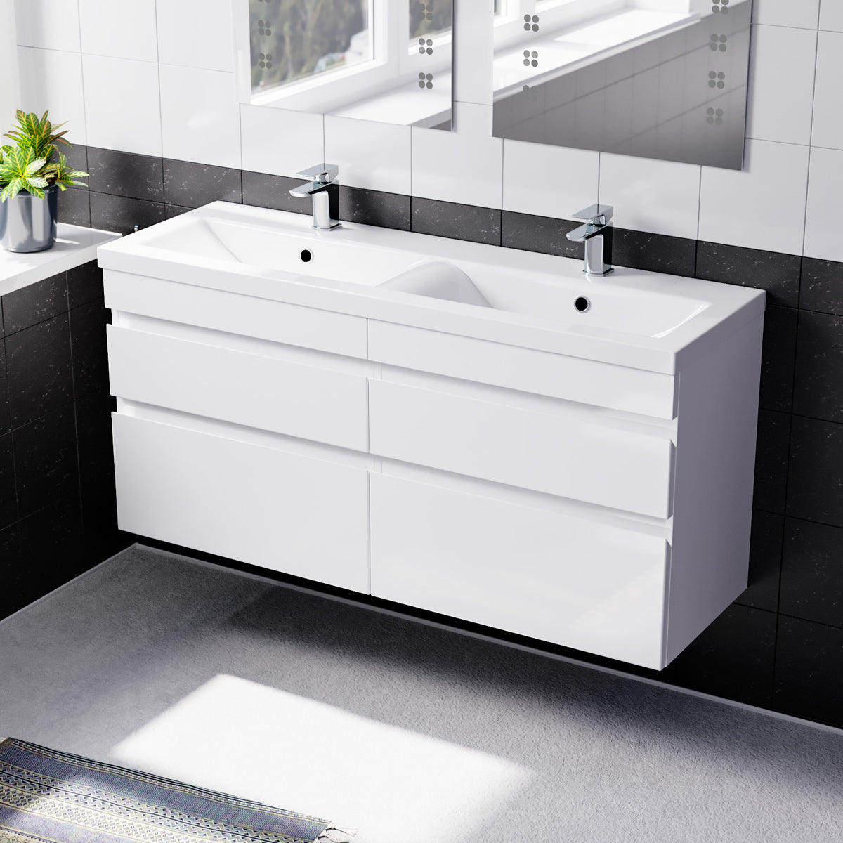 Set of 2 Wall Hung 600mm Handless Cabinet with Ceramic Mid-Edge Twin Basin - White