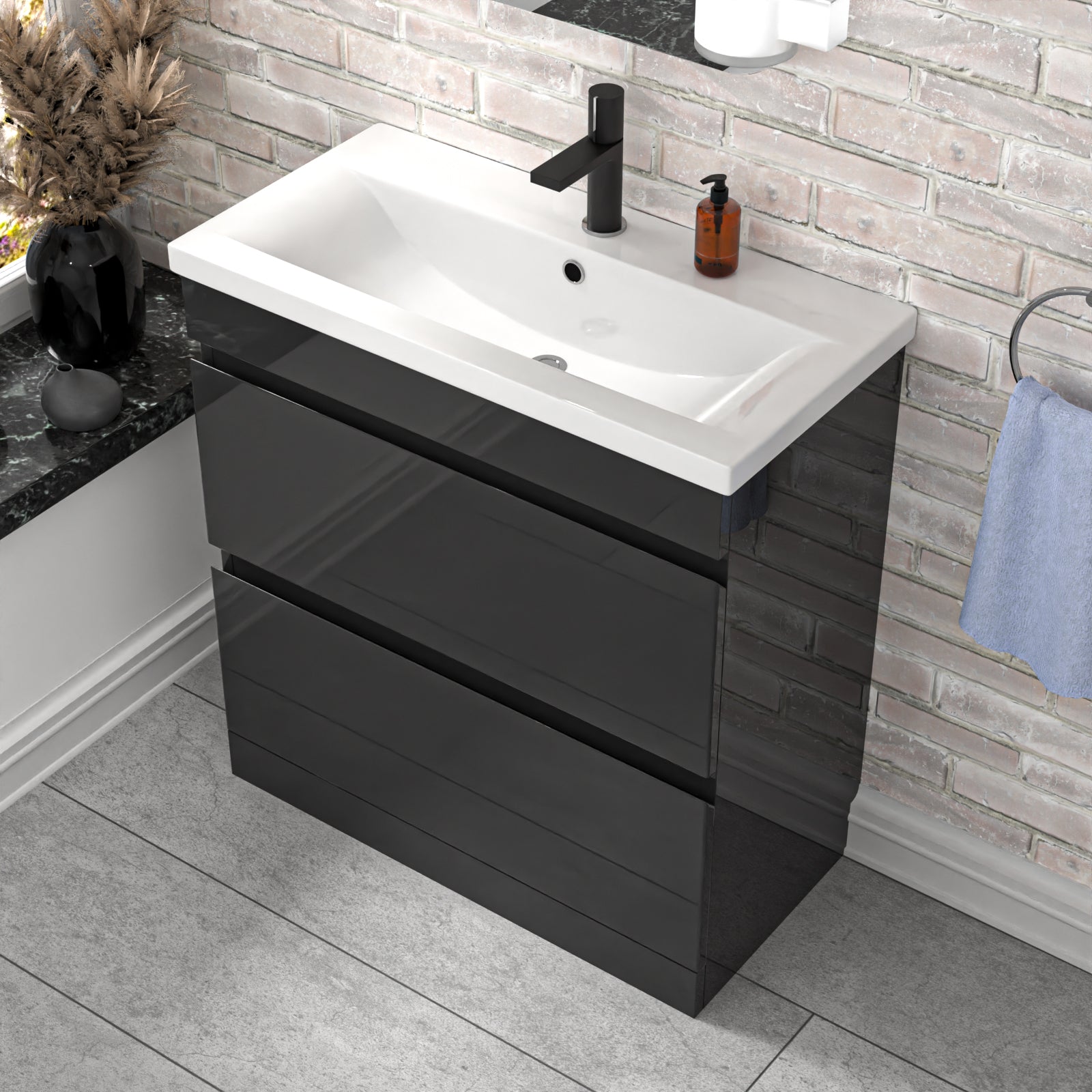 Alaska Dark Grey 800mm PVC 2 Drawer Vanity Cabinet & Basin Sink Floorstanding