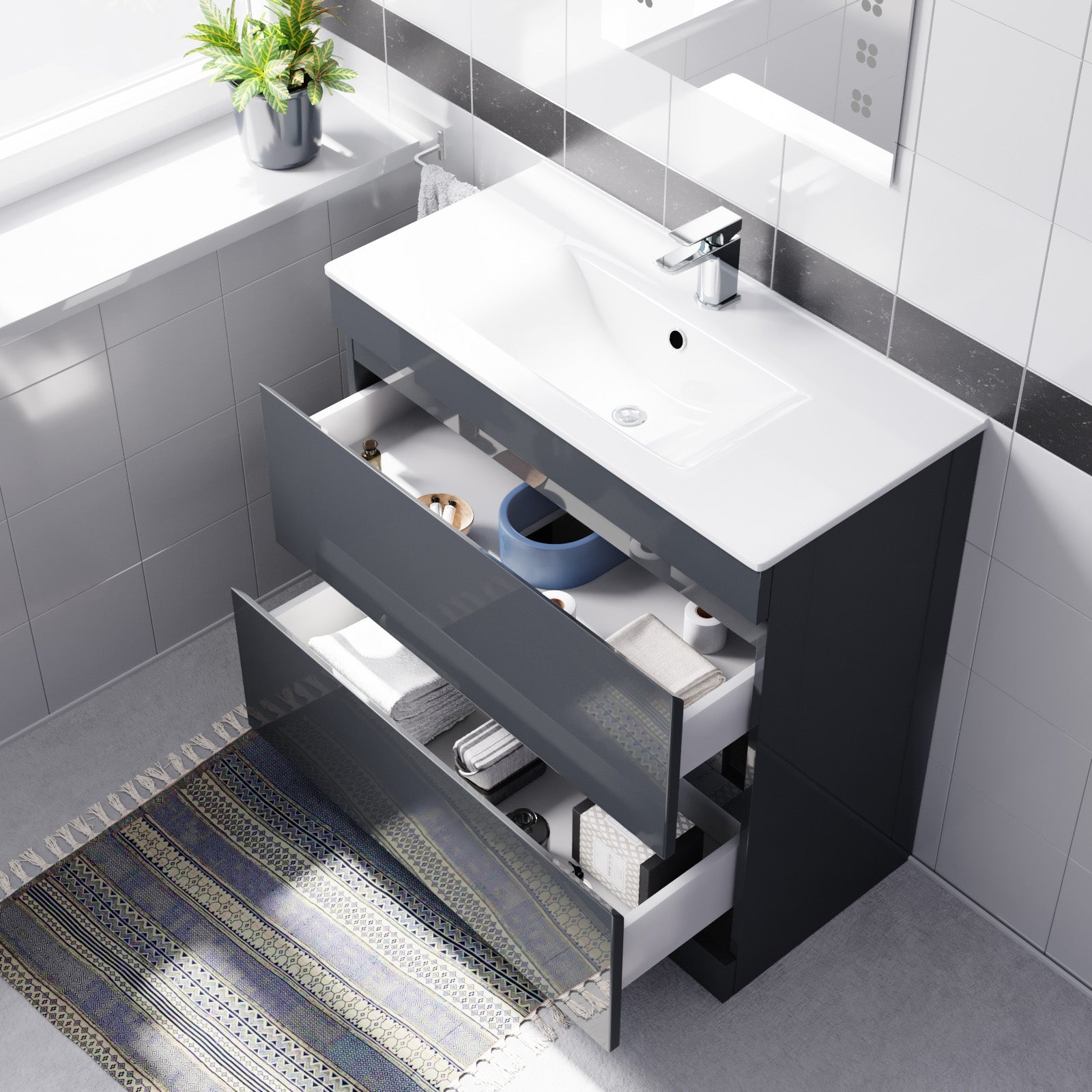 Alaska Dark Grey 800mm 2 Drawers Vanity Cabinet & Slim Basin Sink Freestanding