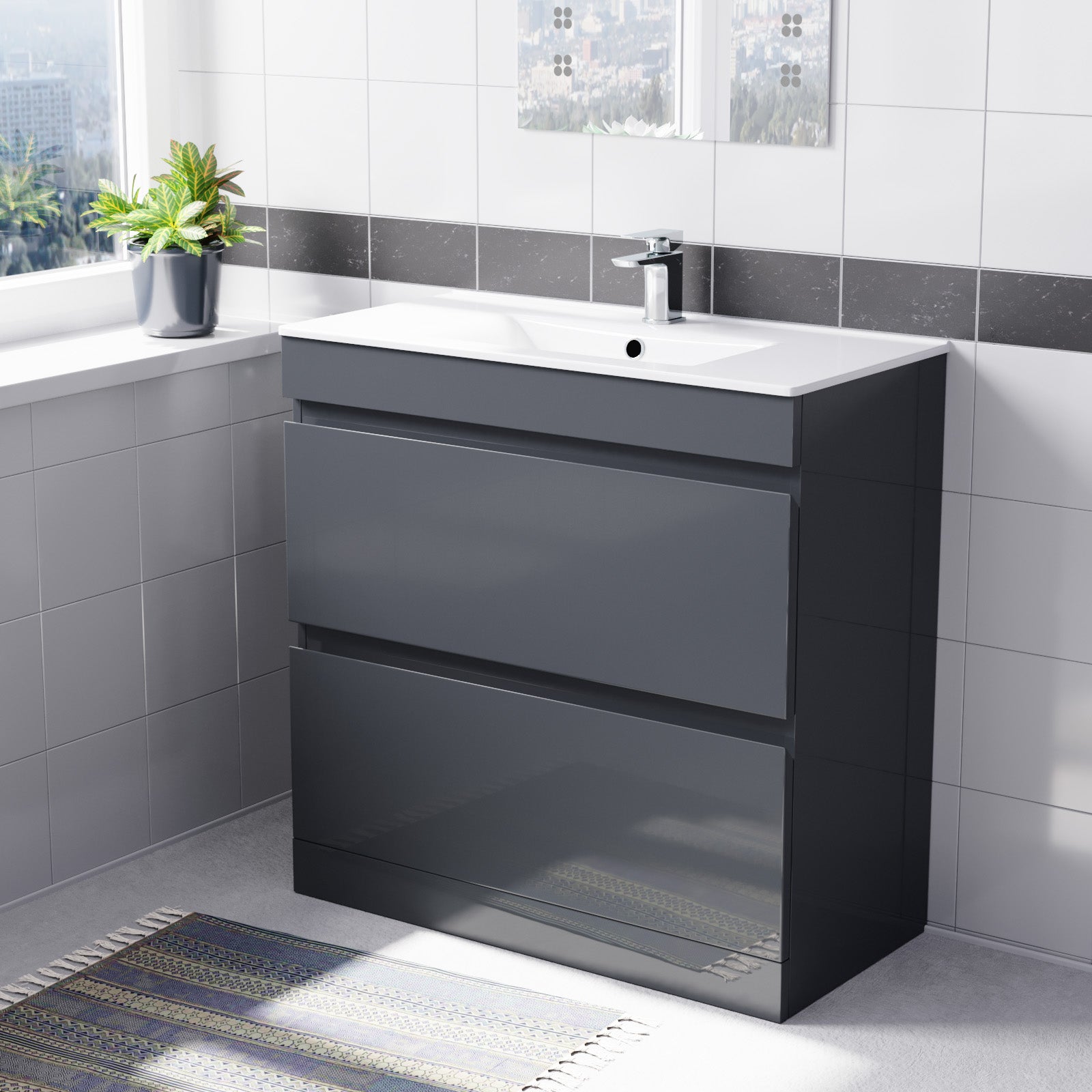 Alaska Dark Grey 800mm 2 Drawers Vanity Cabinet & Slim Basin Sink Freestanding