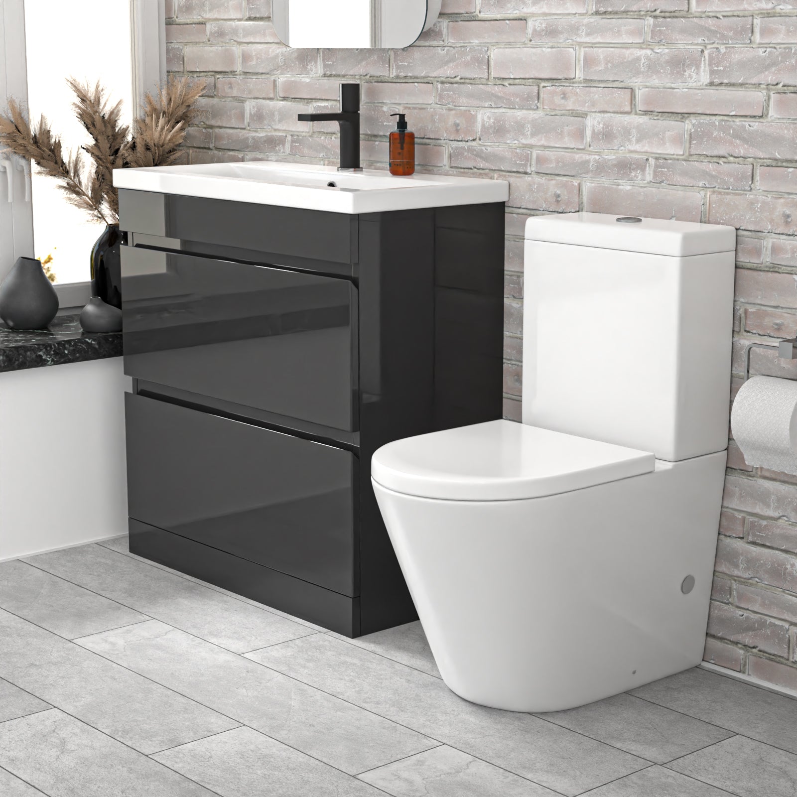 Alaska 800mm Dark Grey Handleless Drawers Basin Vanity Close Coupled Toilet