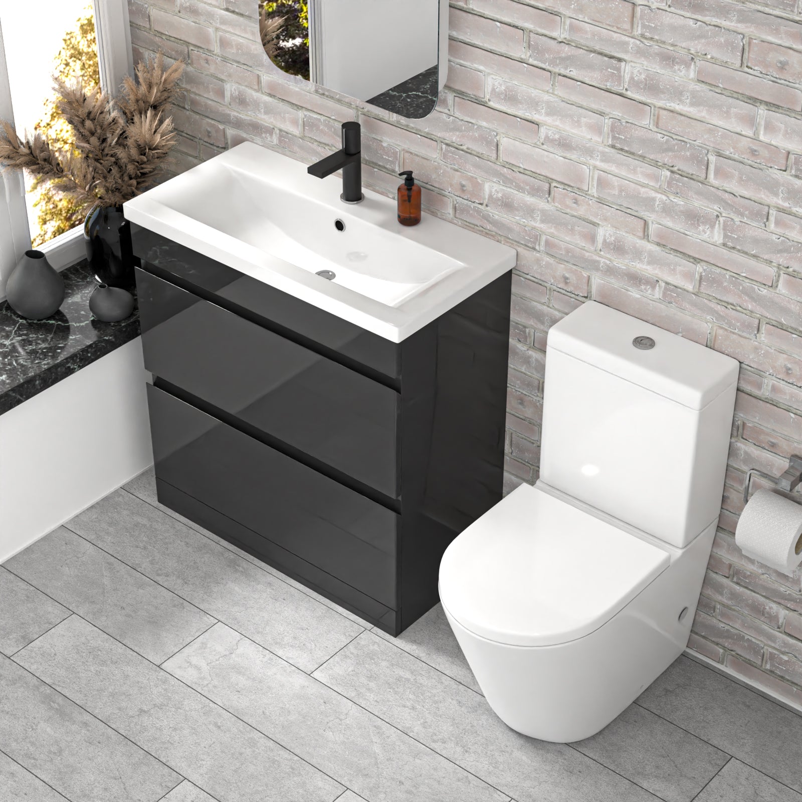 Alaska 800mm Dark Grey Handleless Drawers Basin Vanity Close Coupled Toilet