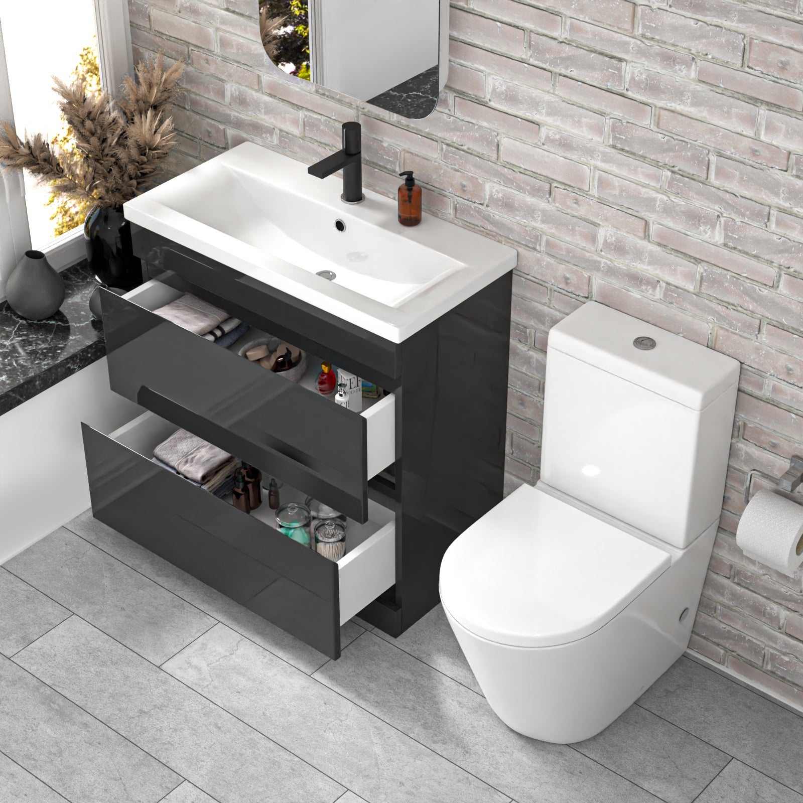Alaska 800mm Dark Grey Handleless Drawers Basin Vanity Close Coupled Toilet