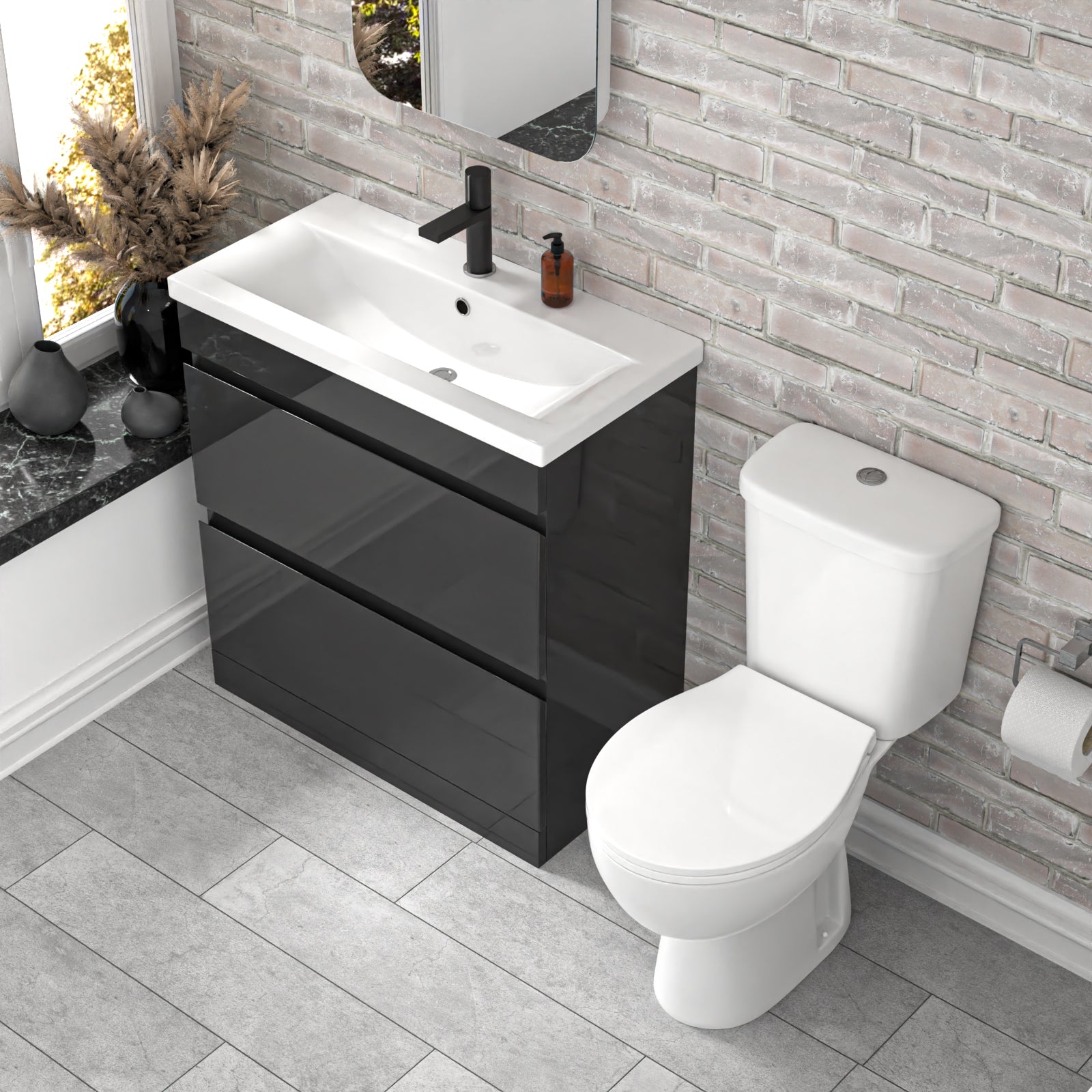 Alaska 800mm Dark Grey 2 Drawers Handleless Basin Vanity Close Coupled Toilet