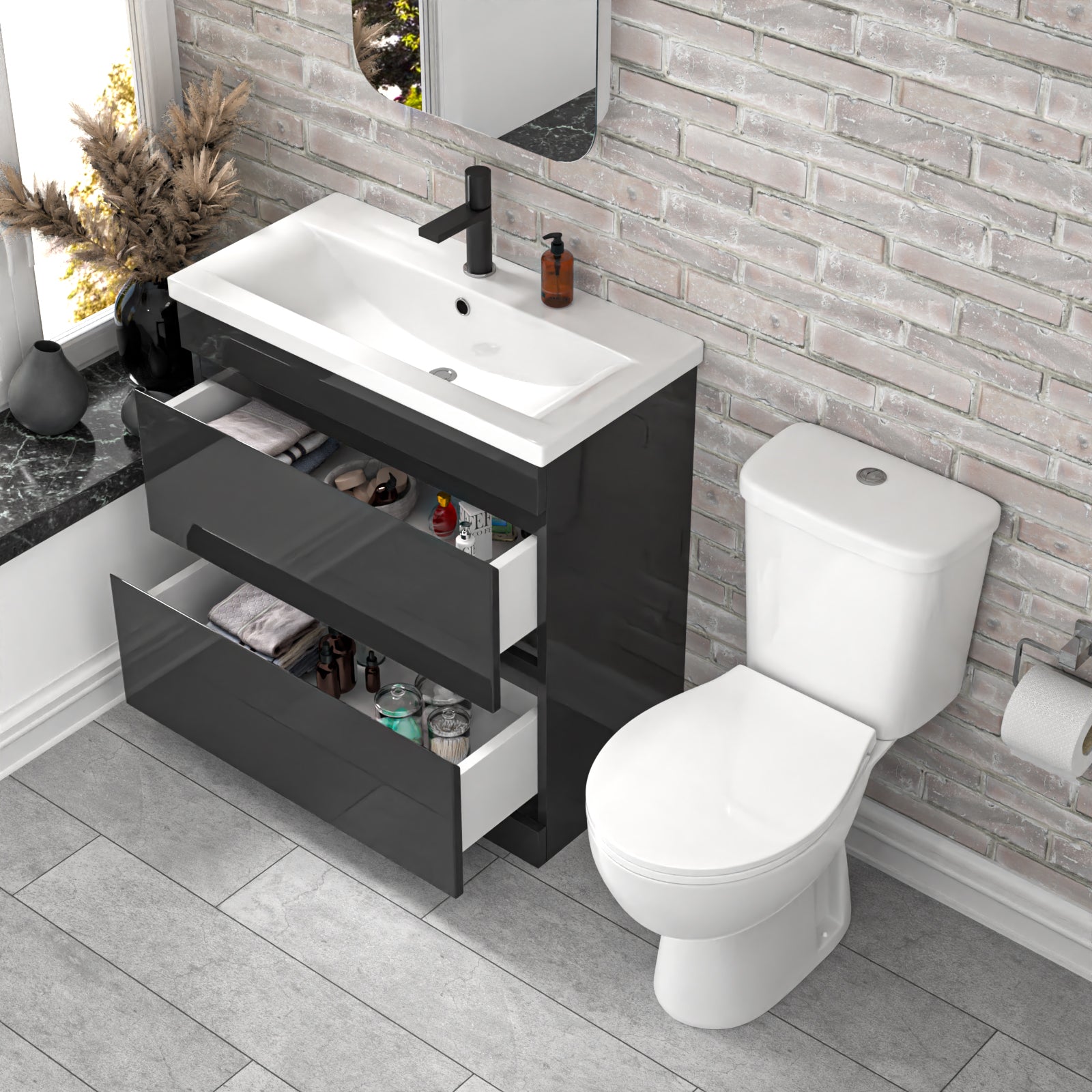 Alaska 800mm Dark Grey 2 Drawers Handleless Basin Vanity Close Coupled Toilet