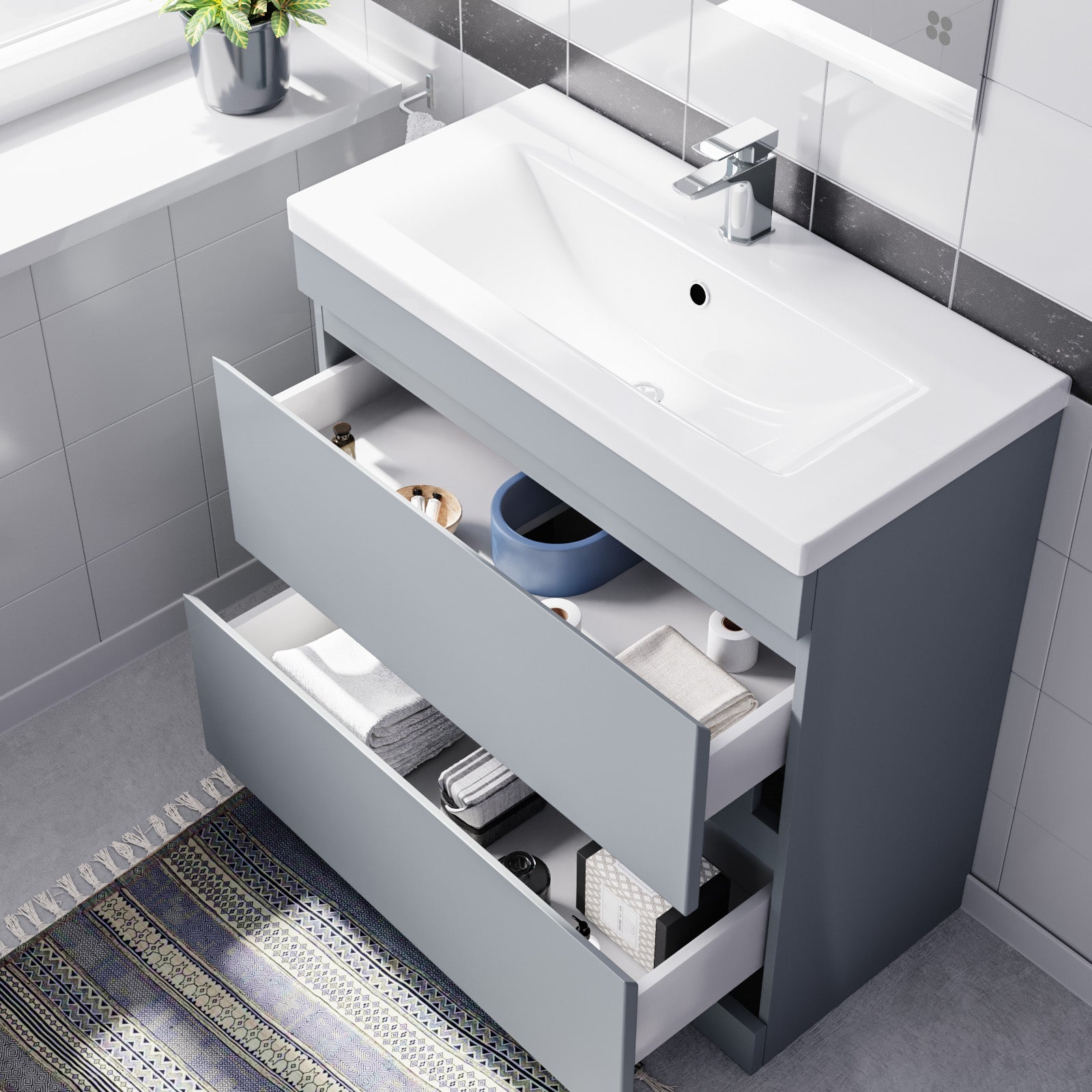 Alaska Floorstanding Matte Grey 800mm 2 Drawers Vanity Unit & Basin Sink