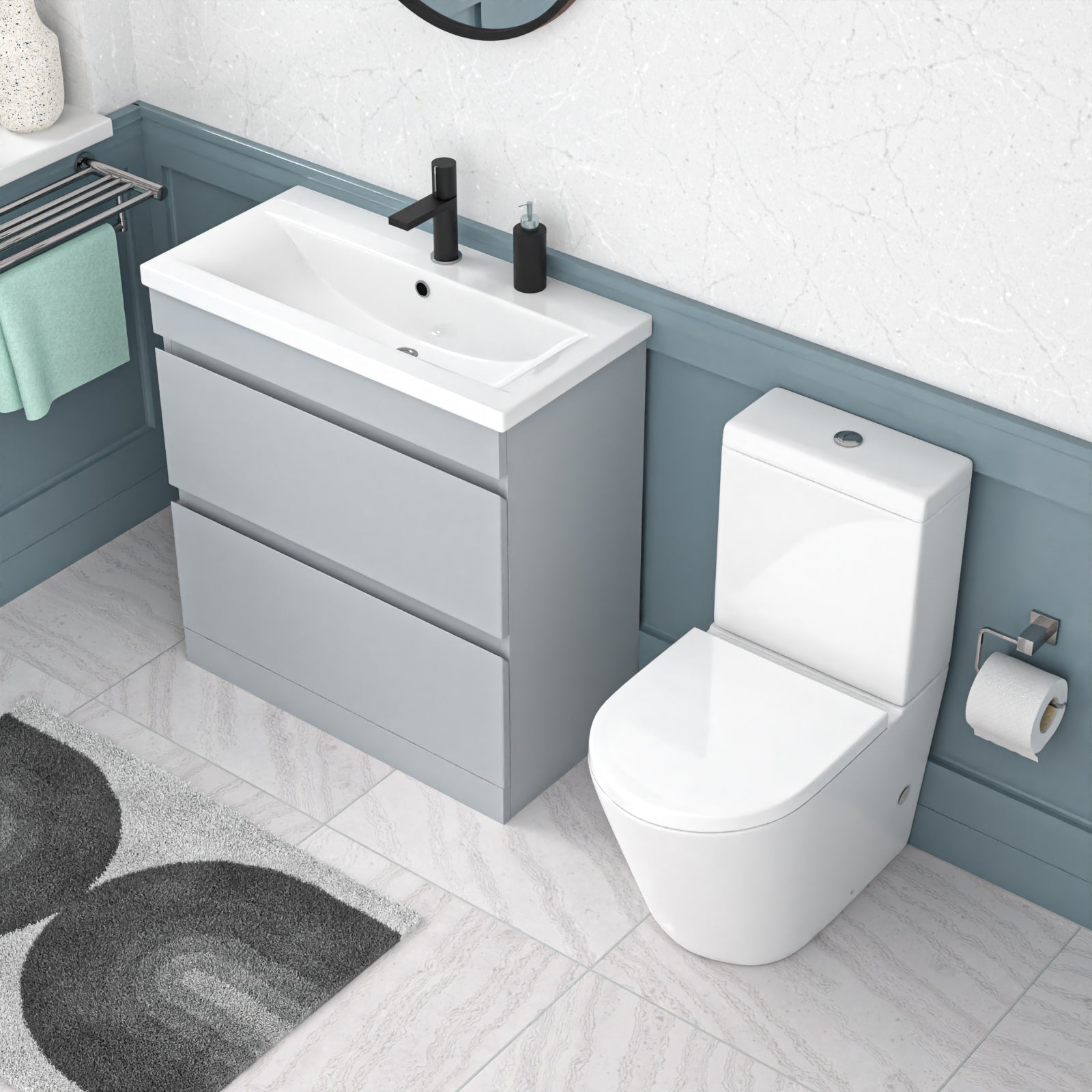 Alaska 800mm Matte Grey Handleless Drawers Basin Vanity Close Coupled Toilet