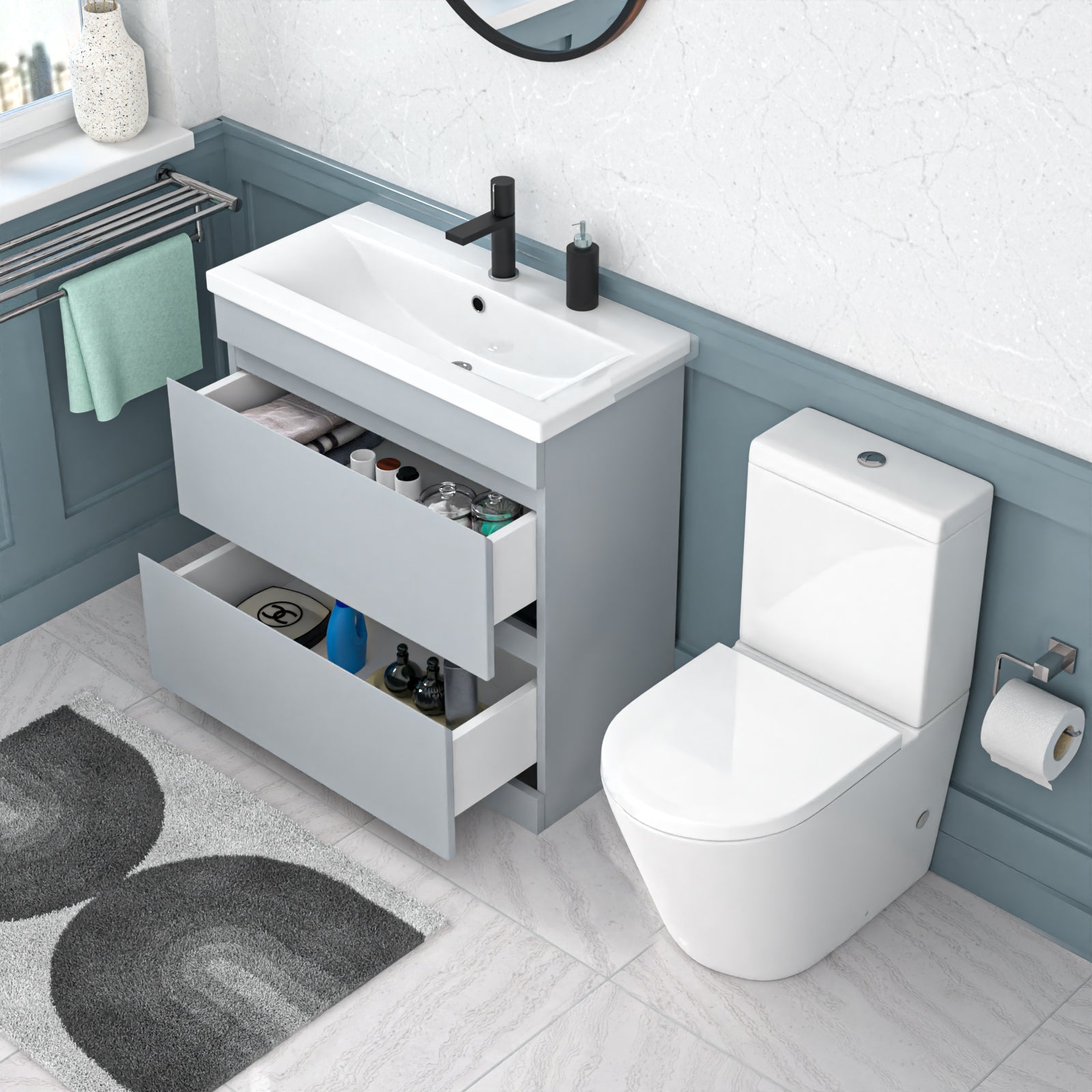 Alaska 800mm Matte Grey Handleless Drawers Basin Vanity Close Coupled Toilet