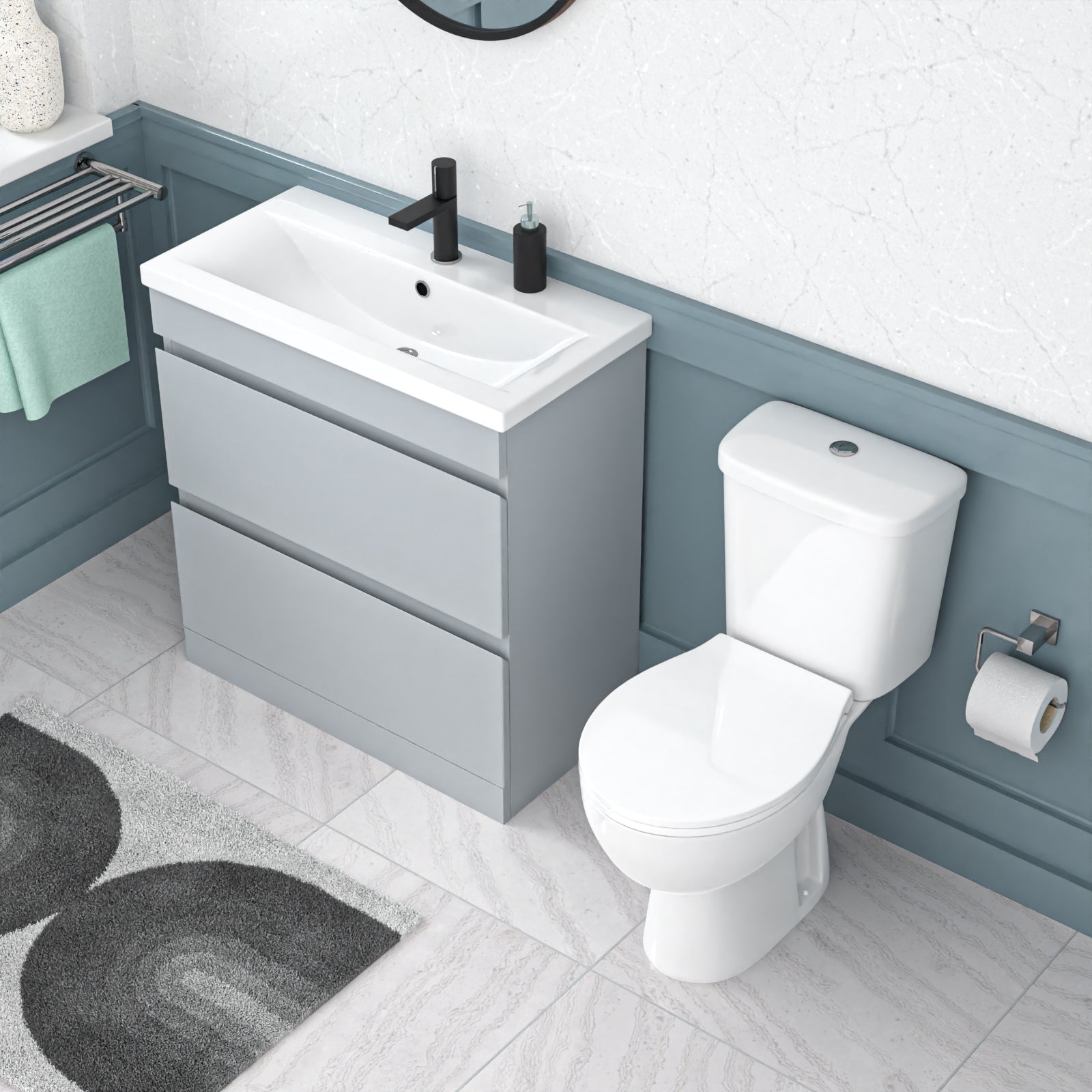 Alaska 800mm Matte Grey 2 Drawers Handleless Basin Vanity Close Coupled Toilet