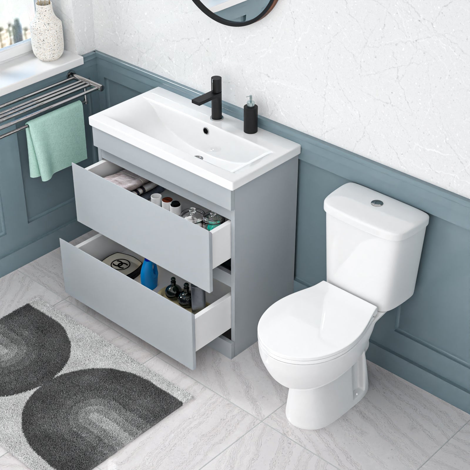 Alaska 800mm Matte Grey 2 Drawers Handleless Basin Vanity Close Coupled Toilet