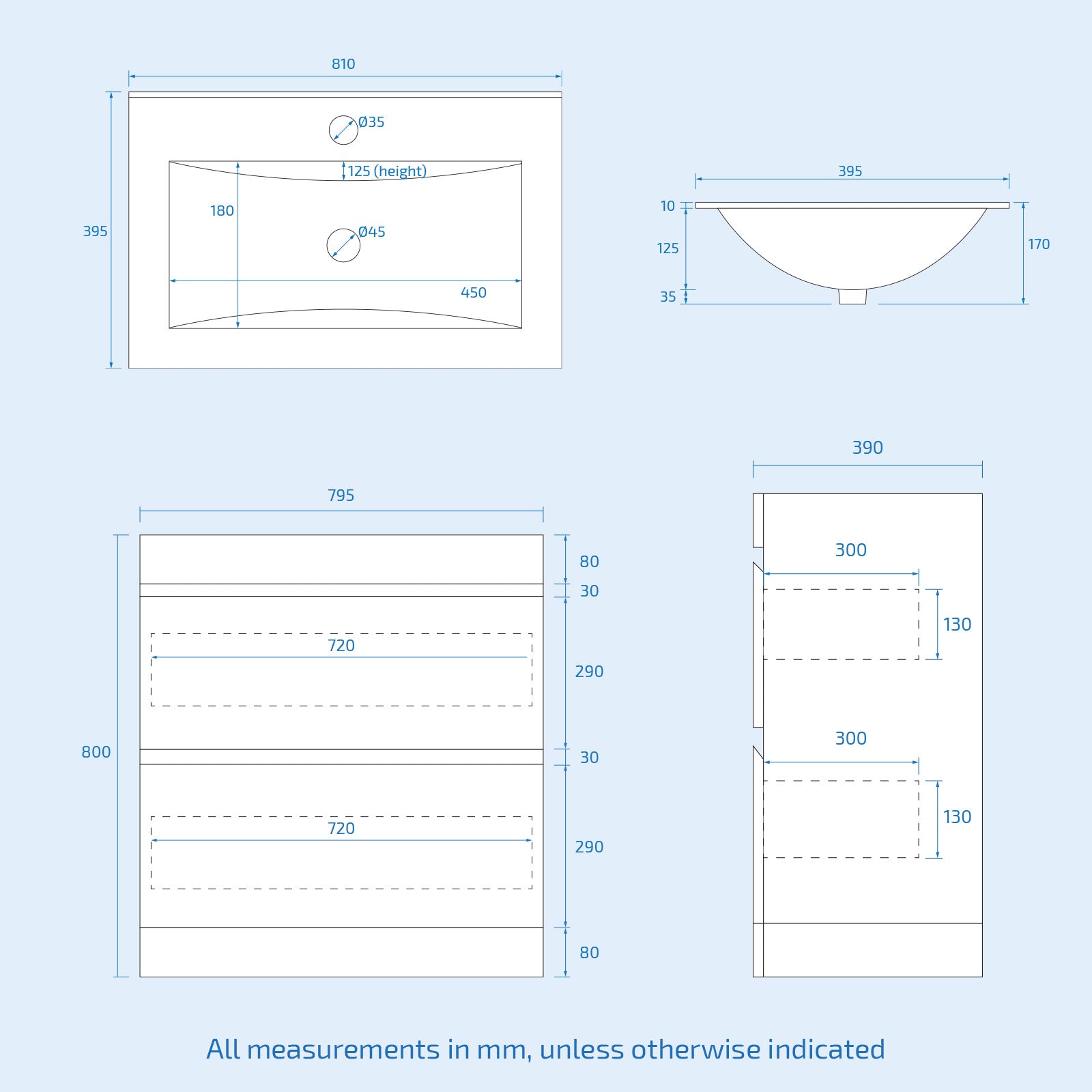 Alaska White 800mm 2 Drawer Vanity Cabinet & Slim Basin Sink Freestanding