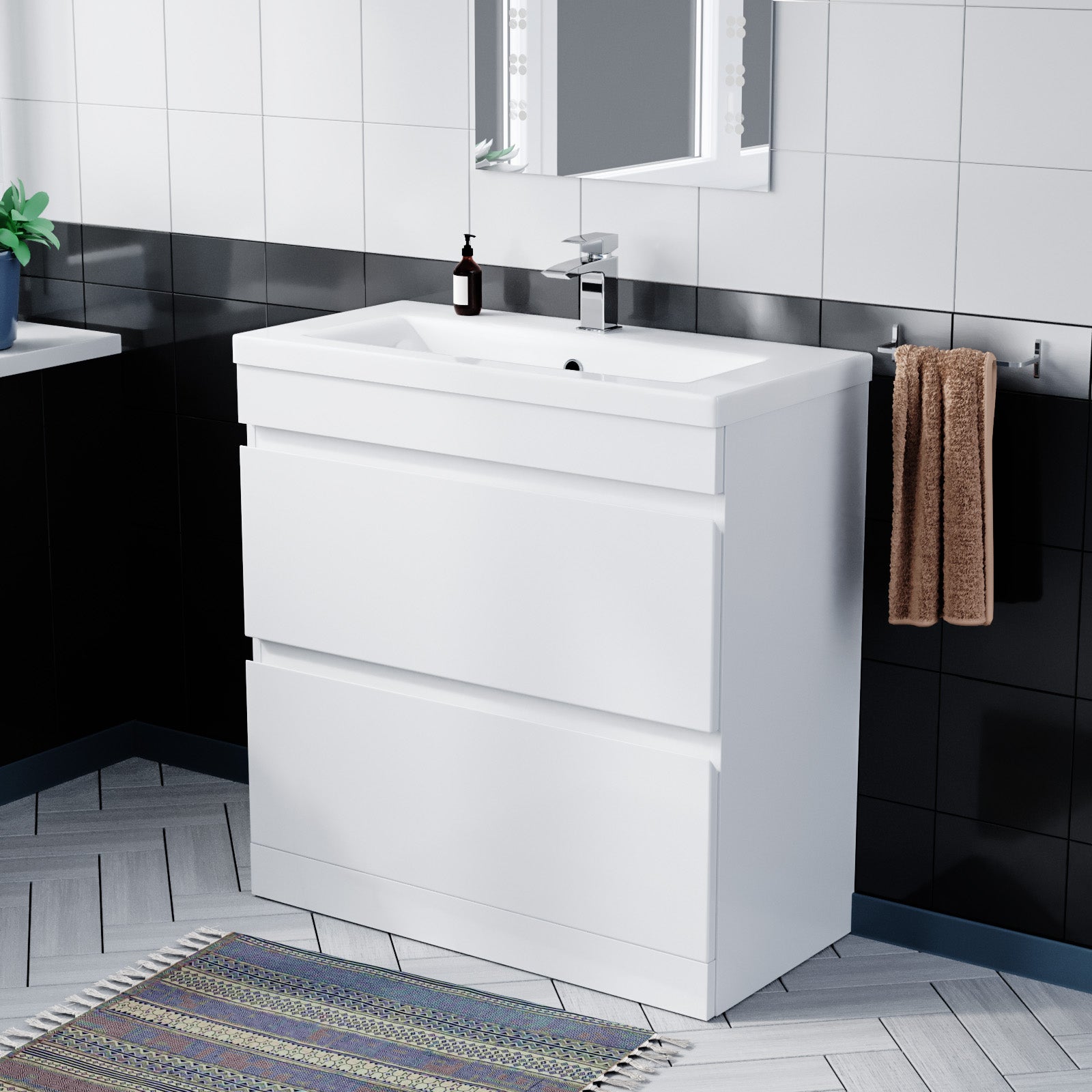 White 800mm PVC 2 Drawer Vanity Cabinet & Basin Sink Floor Standing