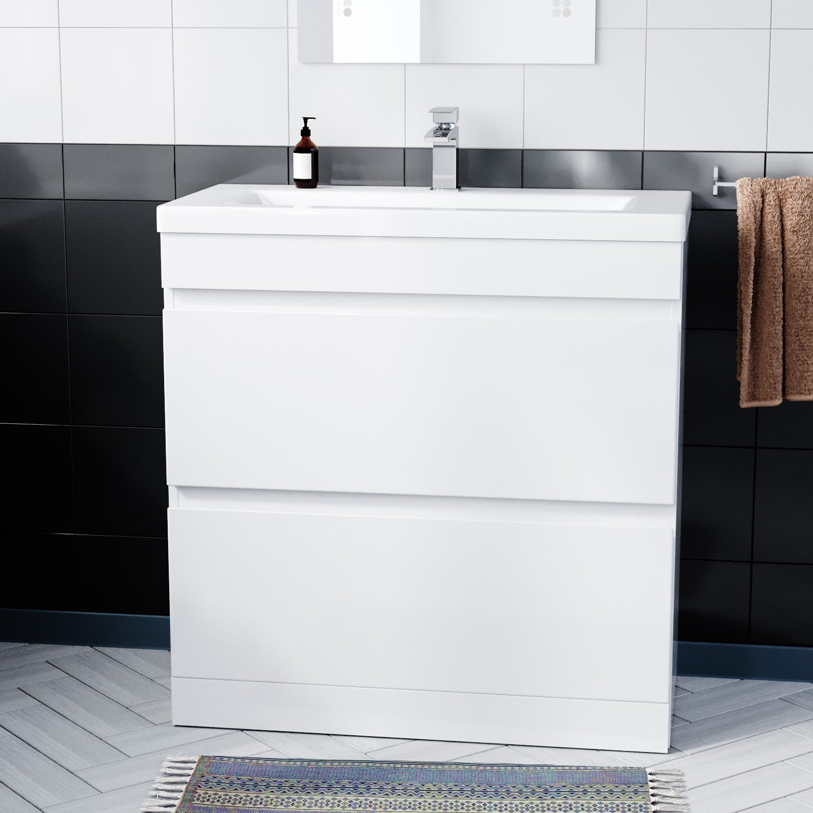 White 800mm PVC 2 Drawer Vanity Cabinet & Basin Sink Floor Standing