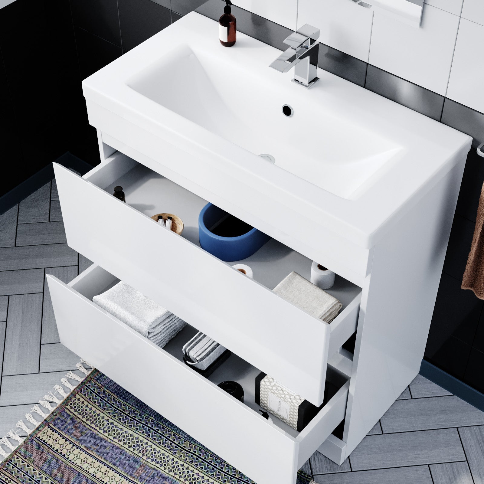 Alaska White 800mm PVC 2 Drawer Vanity Cabinet & Basin Sink Floor Standing