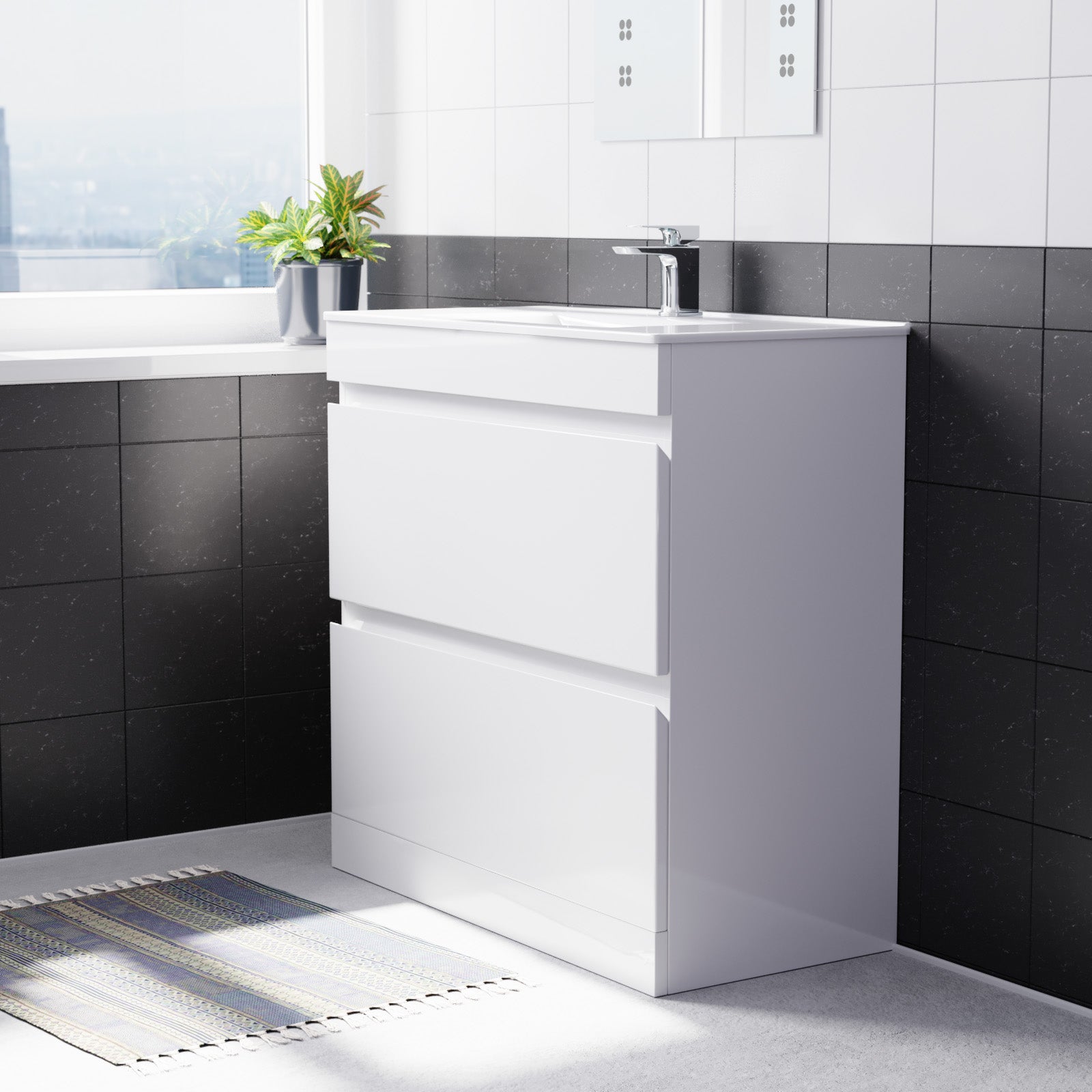 Alaska White 800mm 2 Drawer Vanity Cabinet & Slim Basin Sink Freestanding