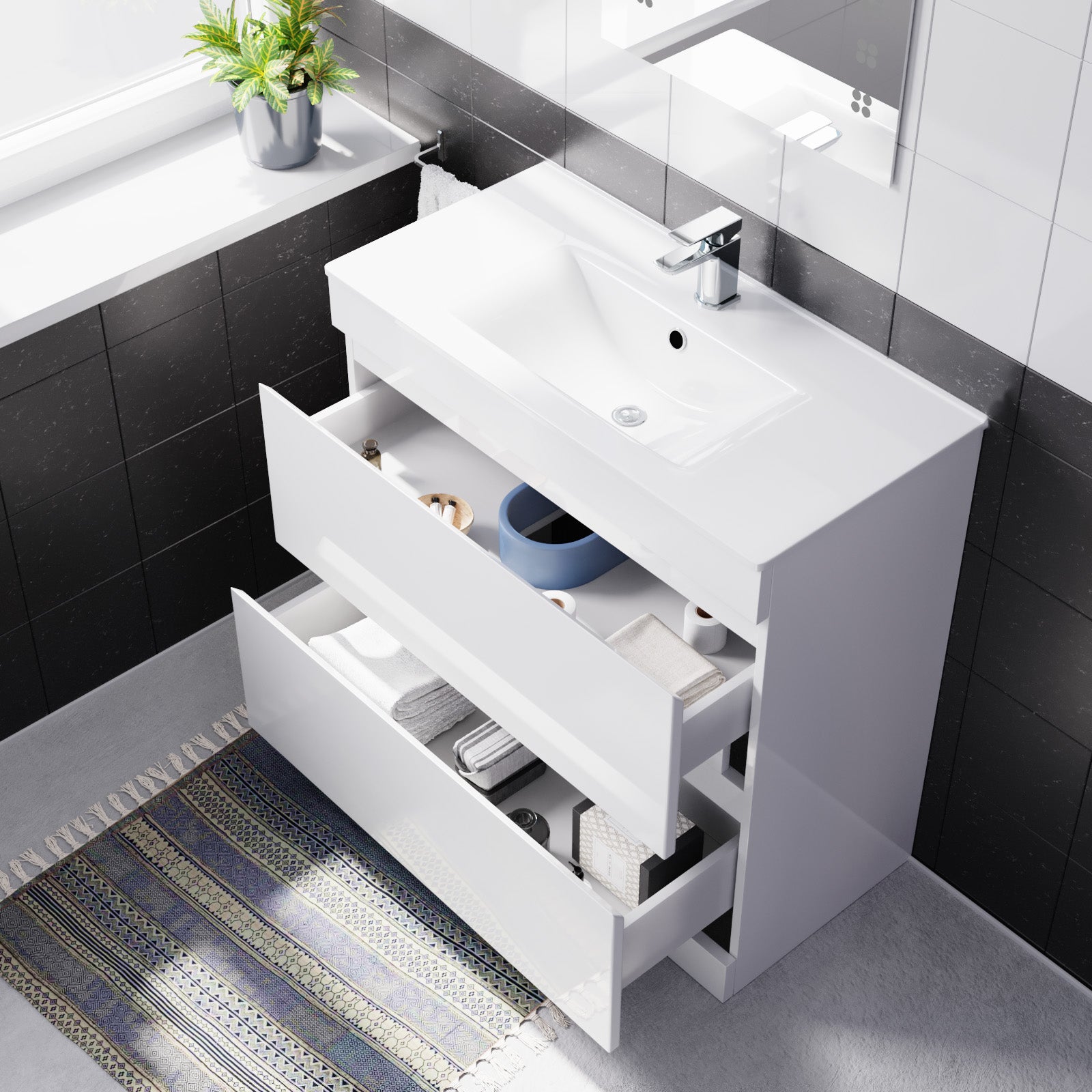 Alaska White 800mm 2 Drawer Vanity Cabinet & Slim Basin Sink Freestanding