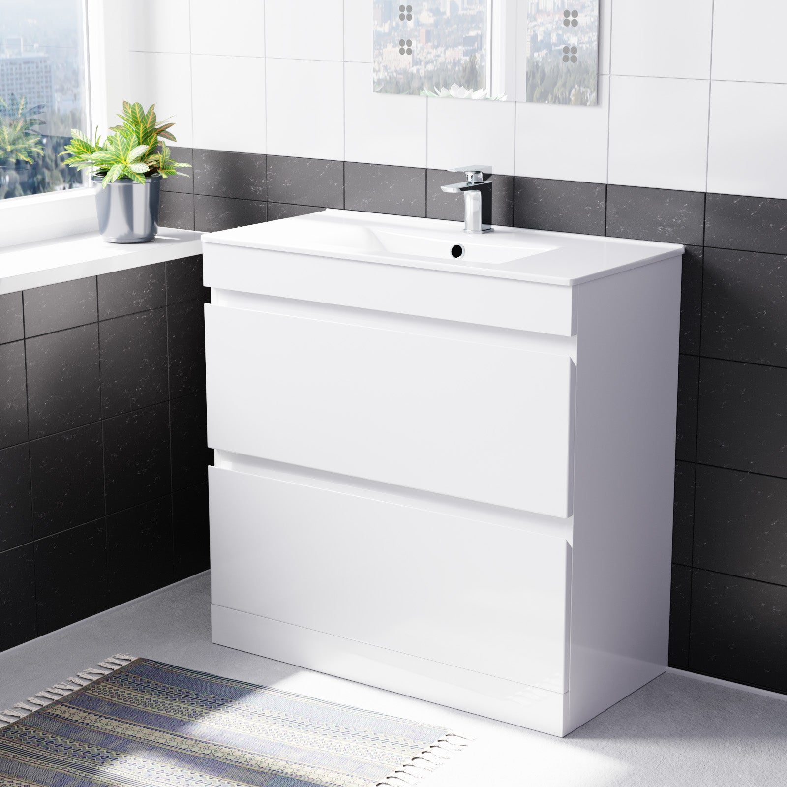 Alaska White 800mm 2 Drawer Vanity Cabinet & Slim Basin Sink Freestanding