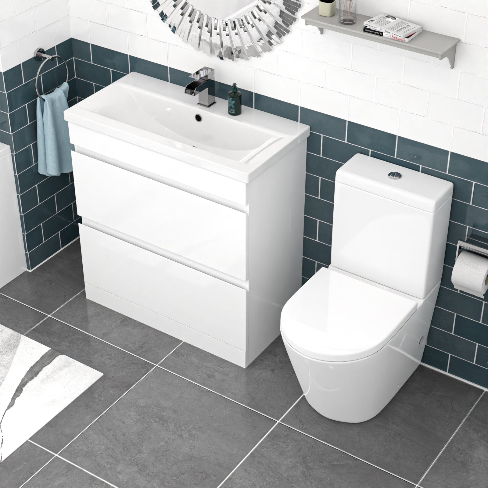 Alaska 800mm White Drawers Handleless Basin Vanity Round Close Coupled Toilet