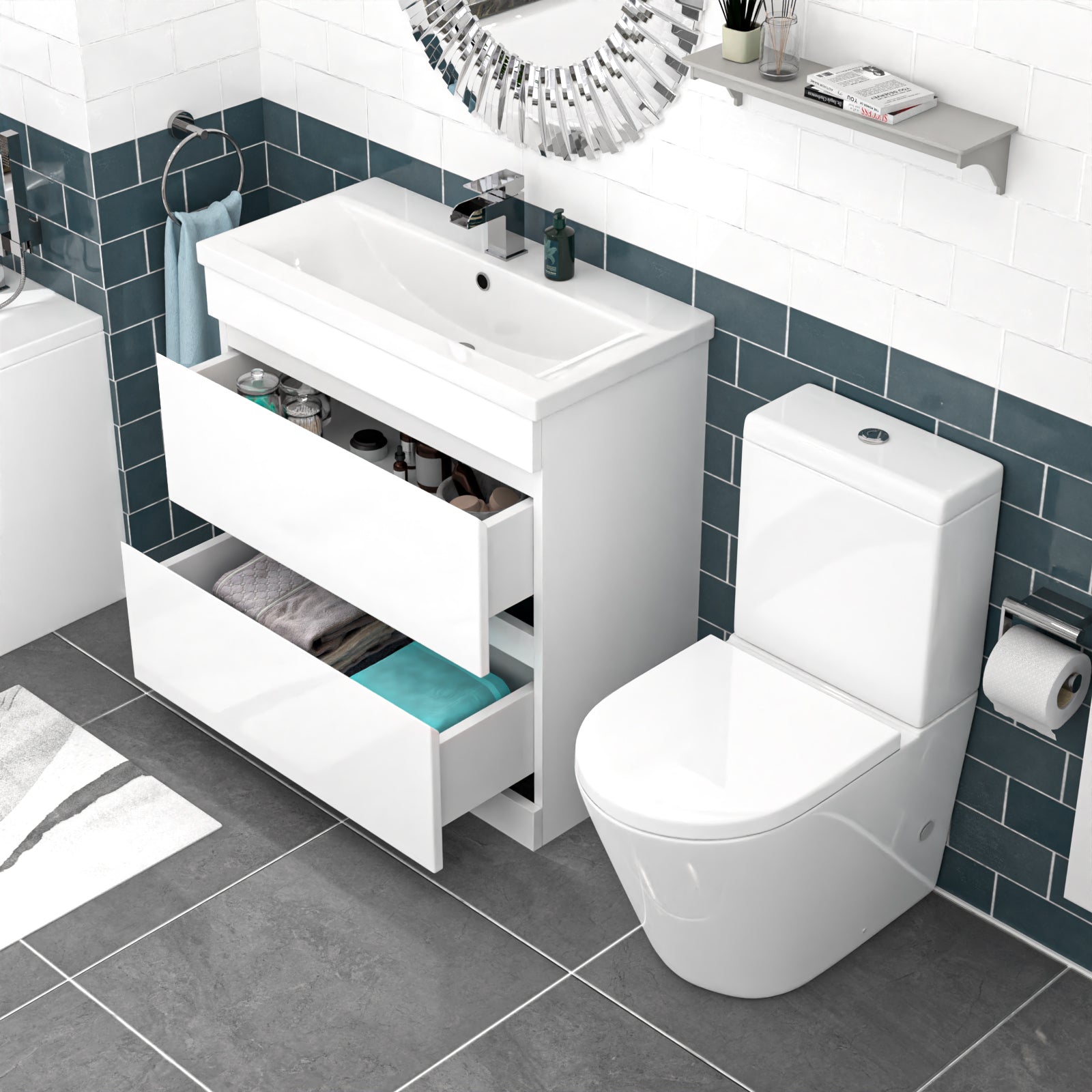 Alaska 800mm White Drawers Handleless Basin Vanity Round Close Coupled Toilet