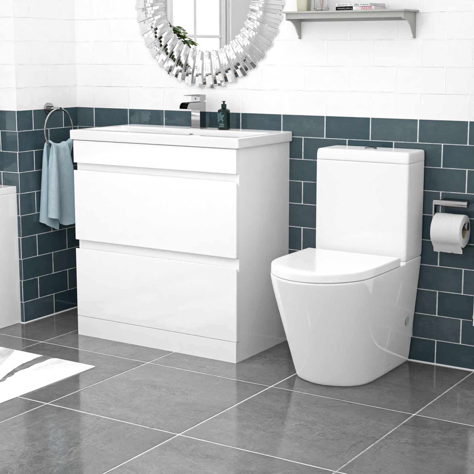 Alaska 800mm White Drawers Handleless Basin Vanity Round Close Coupled Toilet