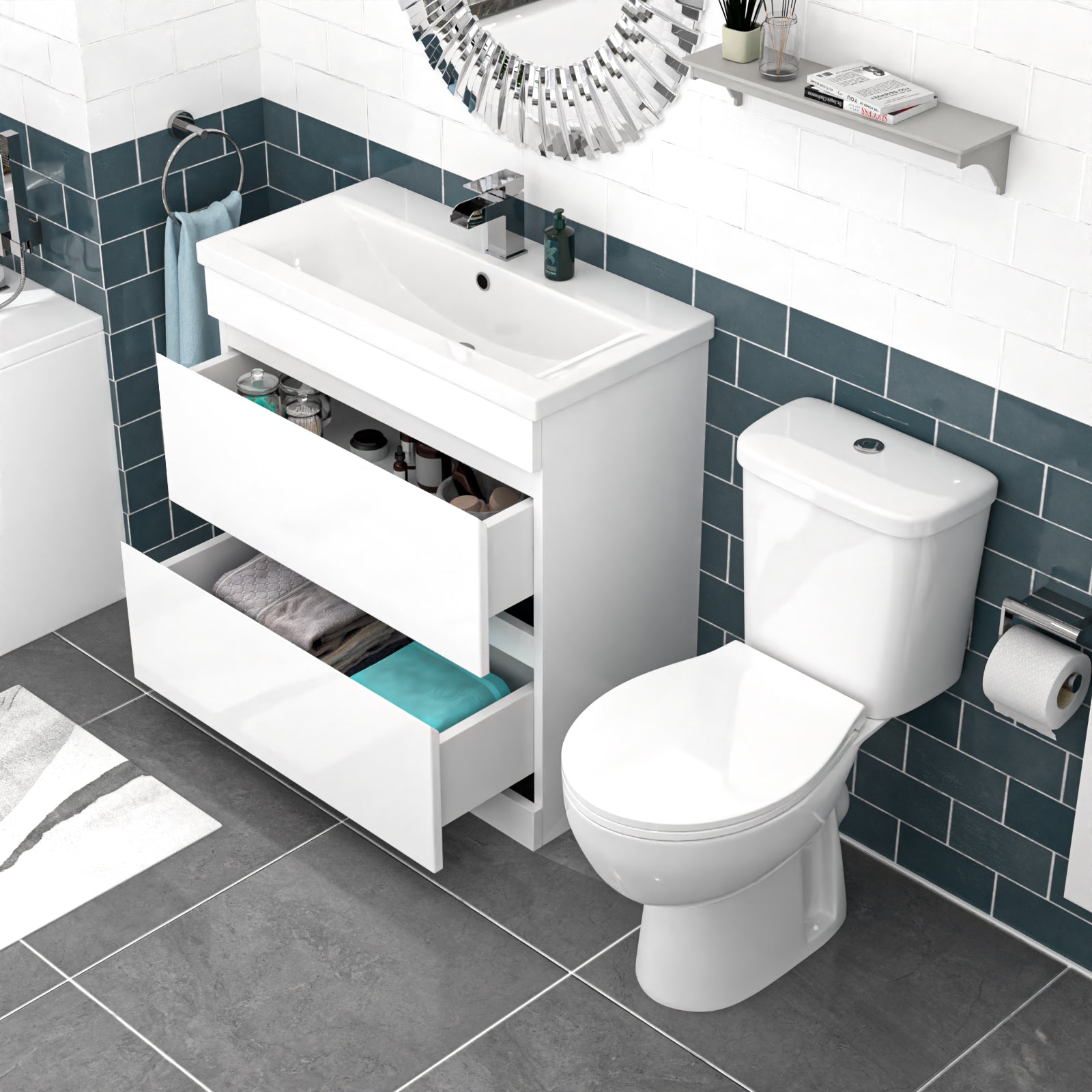 Alaska 800mm White 2 Drawers Handleless Basin Vanity Close Coupled Toilet