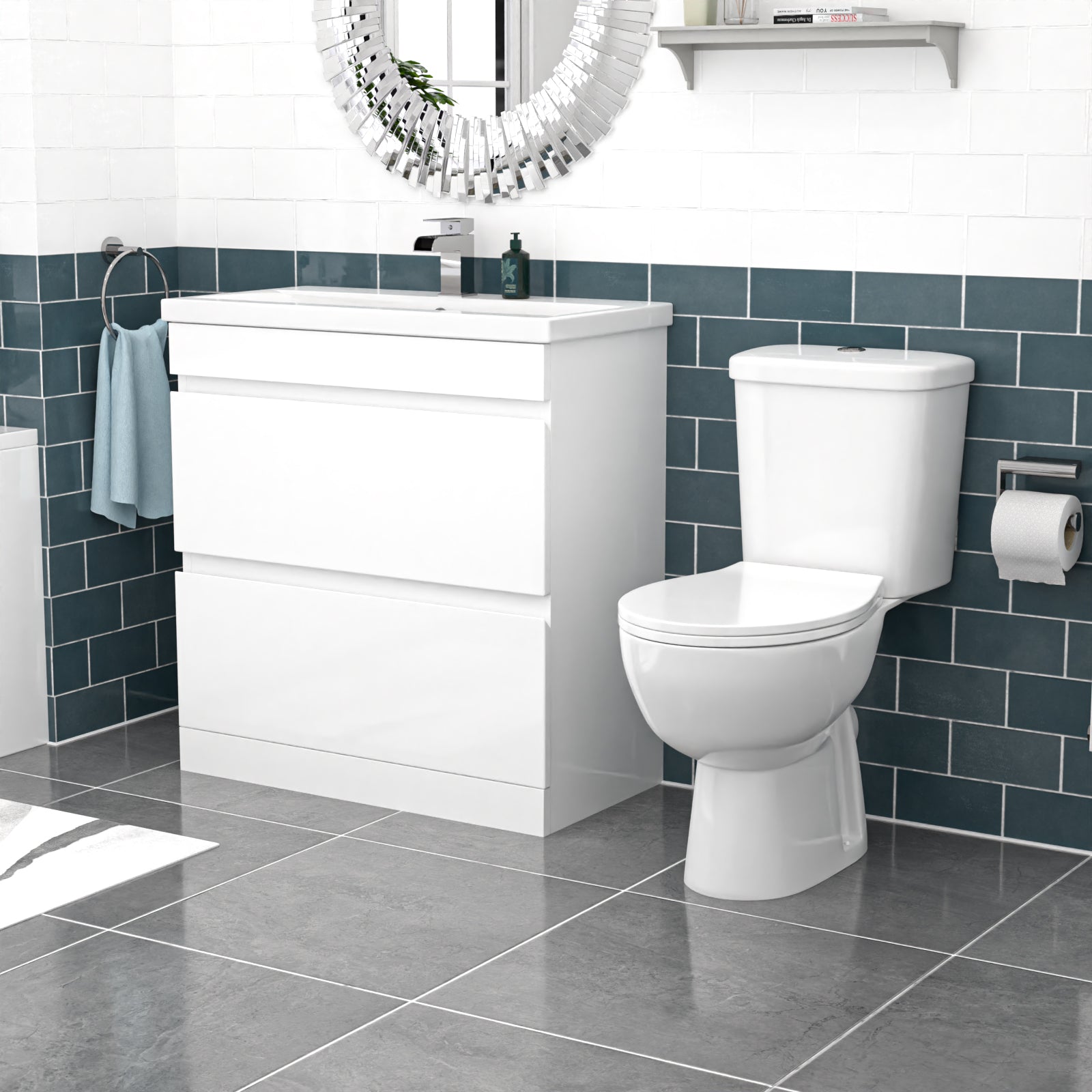 Alaska 800mm White 2 Drawers Handleless Basin Vanity Close Coupled Toilet