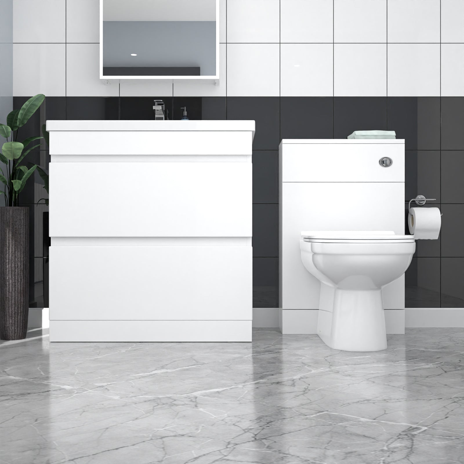 White Freestanding PVC 800mm 2 Drawers Vanity & WC Unit & BTW Toilet