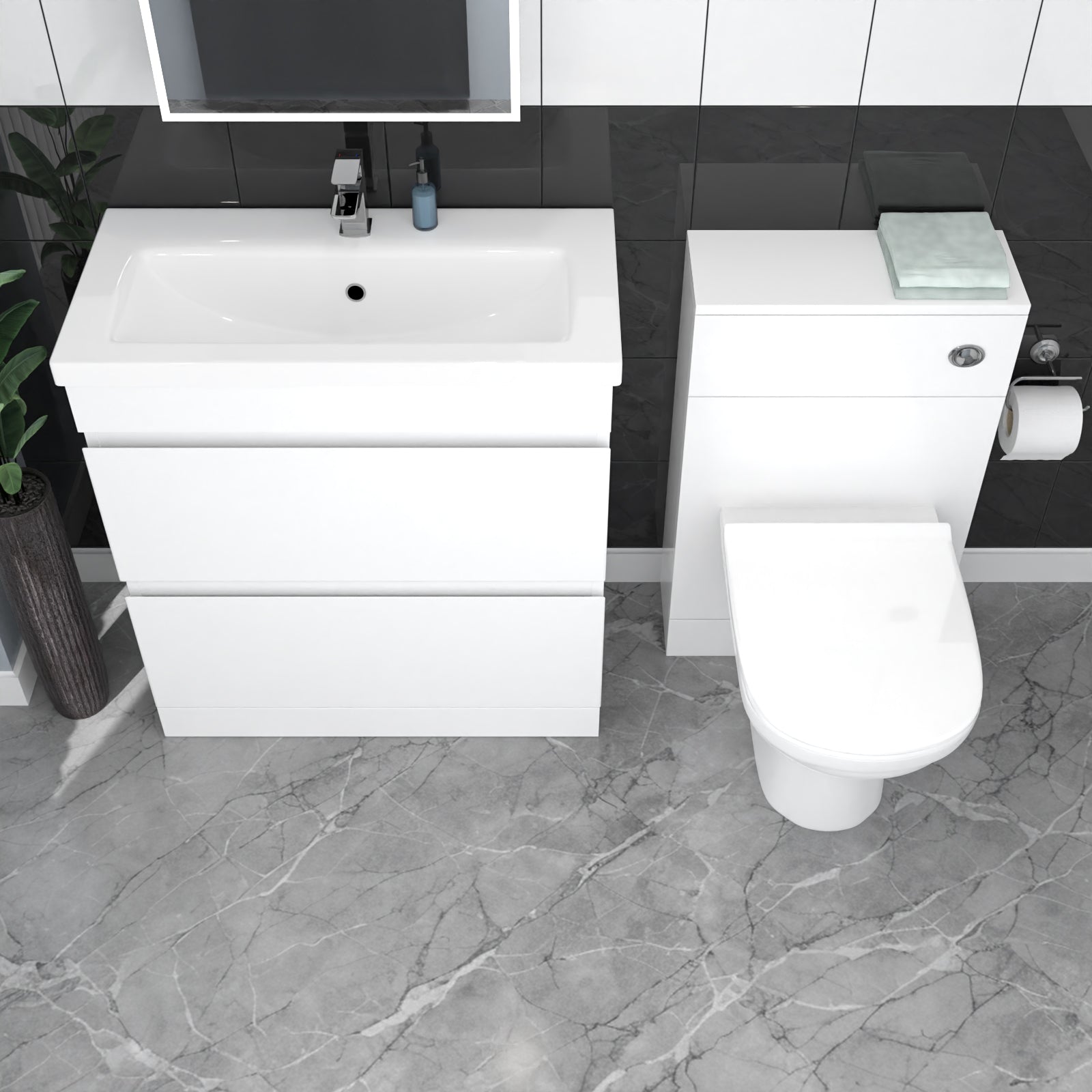 White Floor Standing 800mm Vanity Unit 2 Drawers WC Unit & BTW Toilet