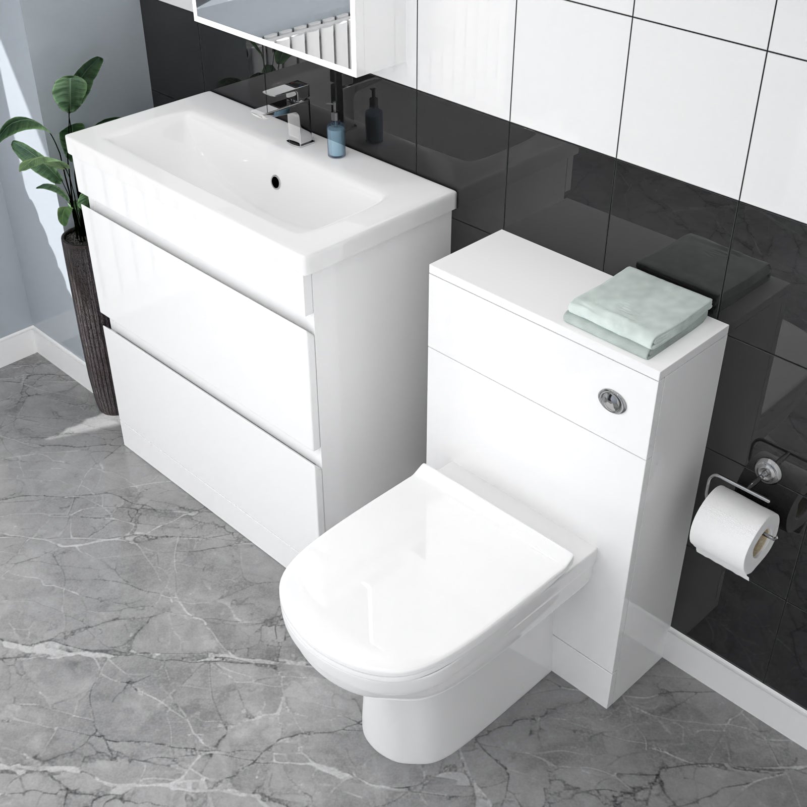 White Floor Standing 800mm Vanity Unit 2 Drawers WC Unit & BTW Toilet