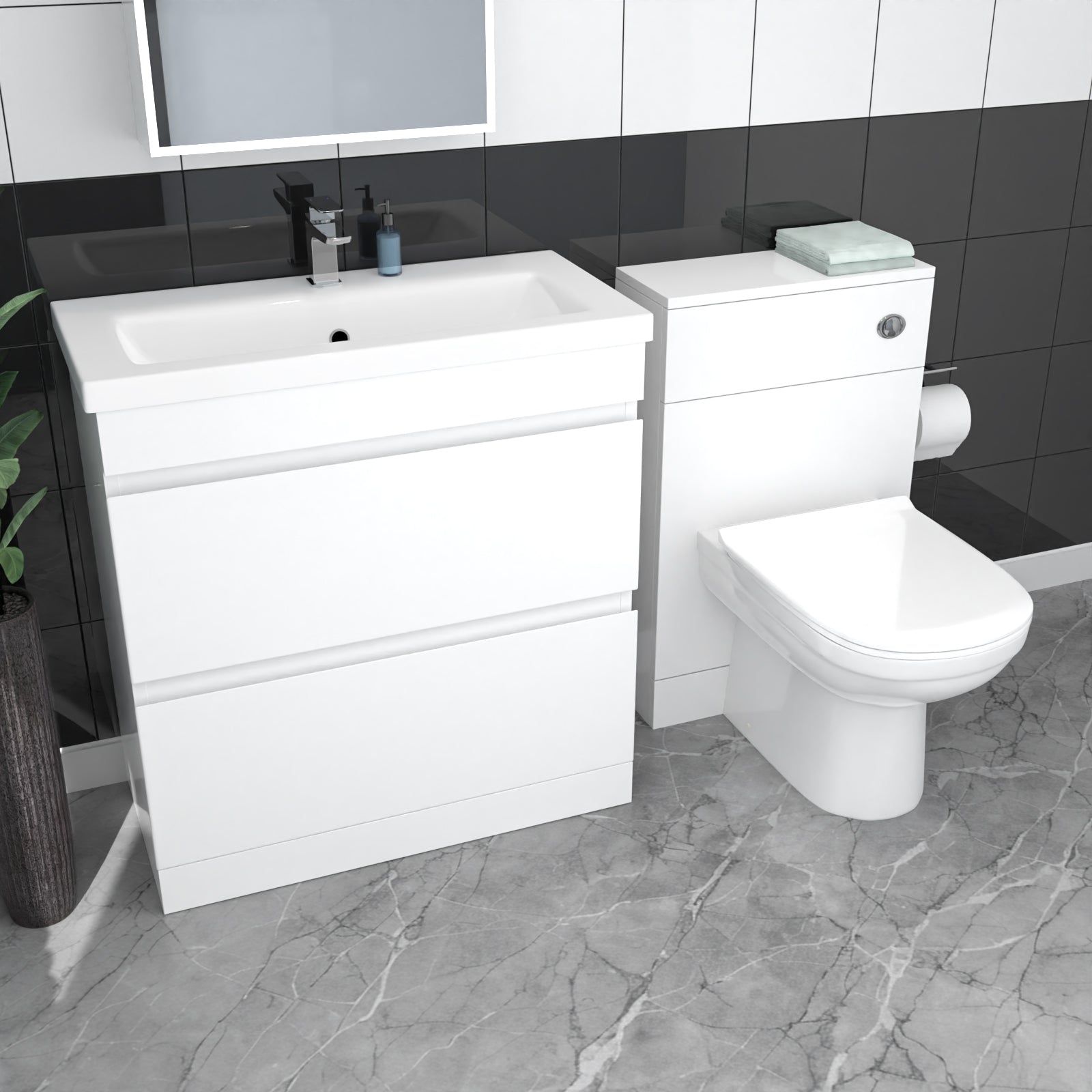 White Floor Standing 800mm Vanity Unit 2 Drawers WC Unit & BTW Toilet