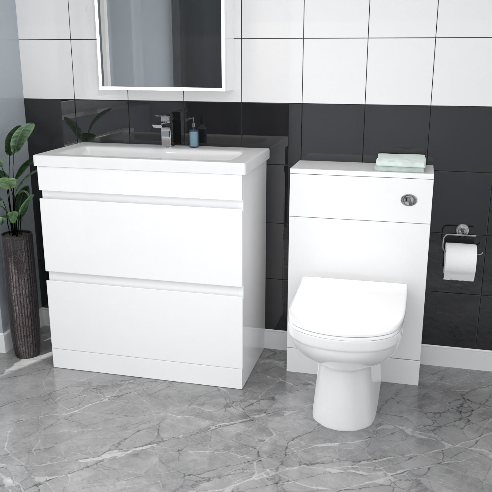 White Floor Standing 800mm Vanity Unit 2 Drawers WC Unit & BTW Toilet