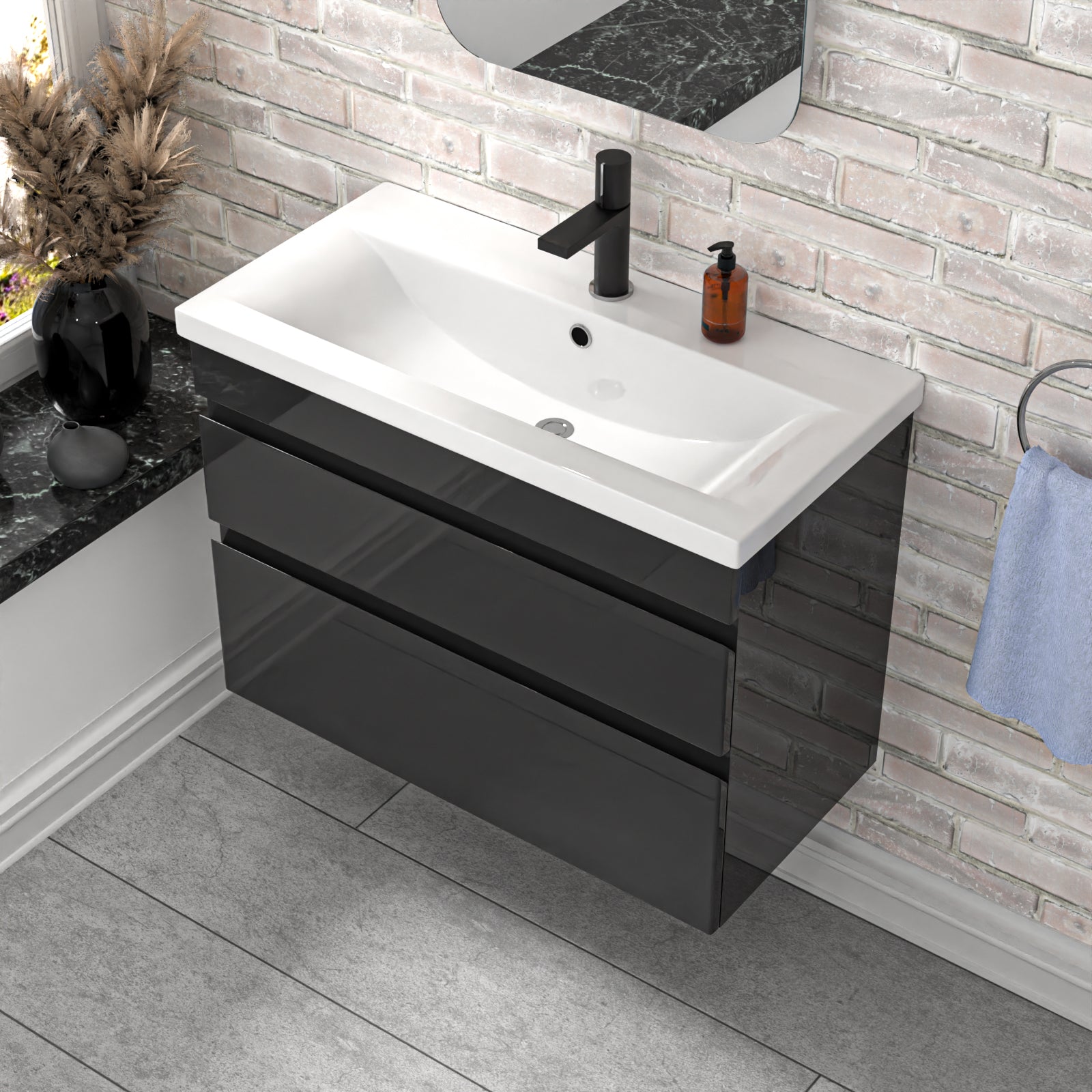 Alaska Wall Hung Dark Grey 800mm 2 Drawers Vanity Unit & Basin Sink