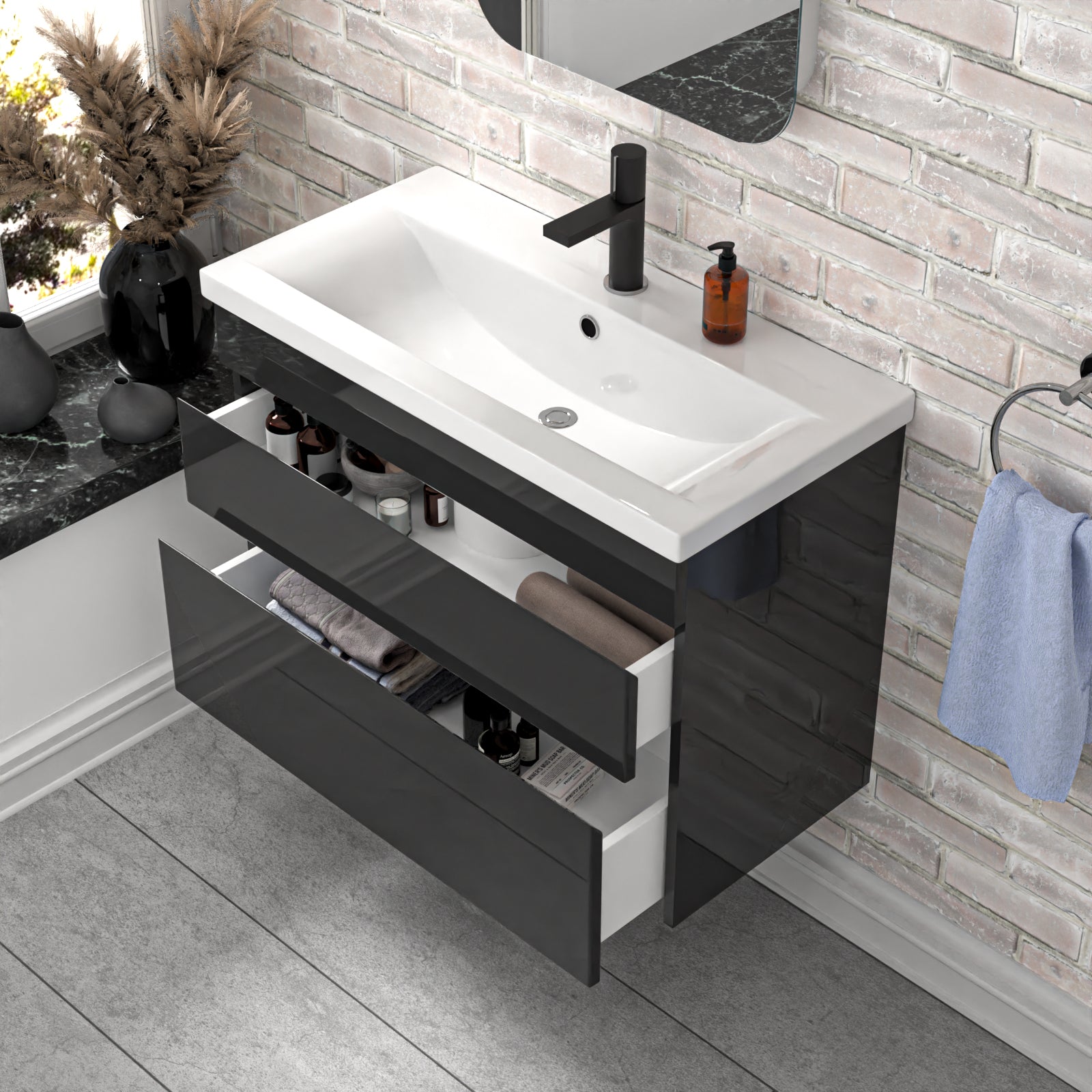 Alaska Wall Hung Dark Grey 800mm 2 Drawers Vanity Unit & Basin Sink