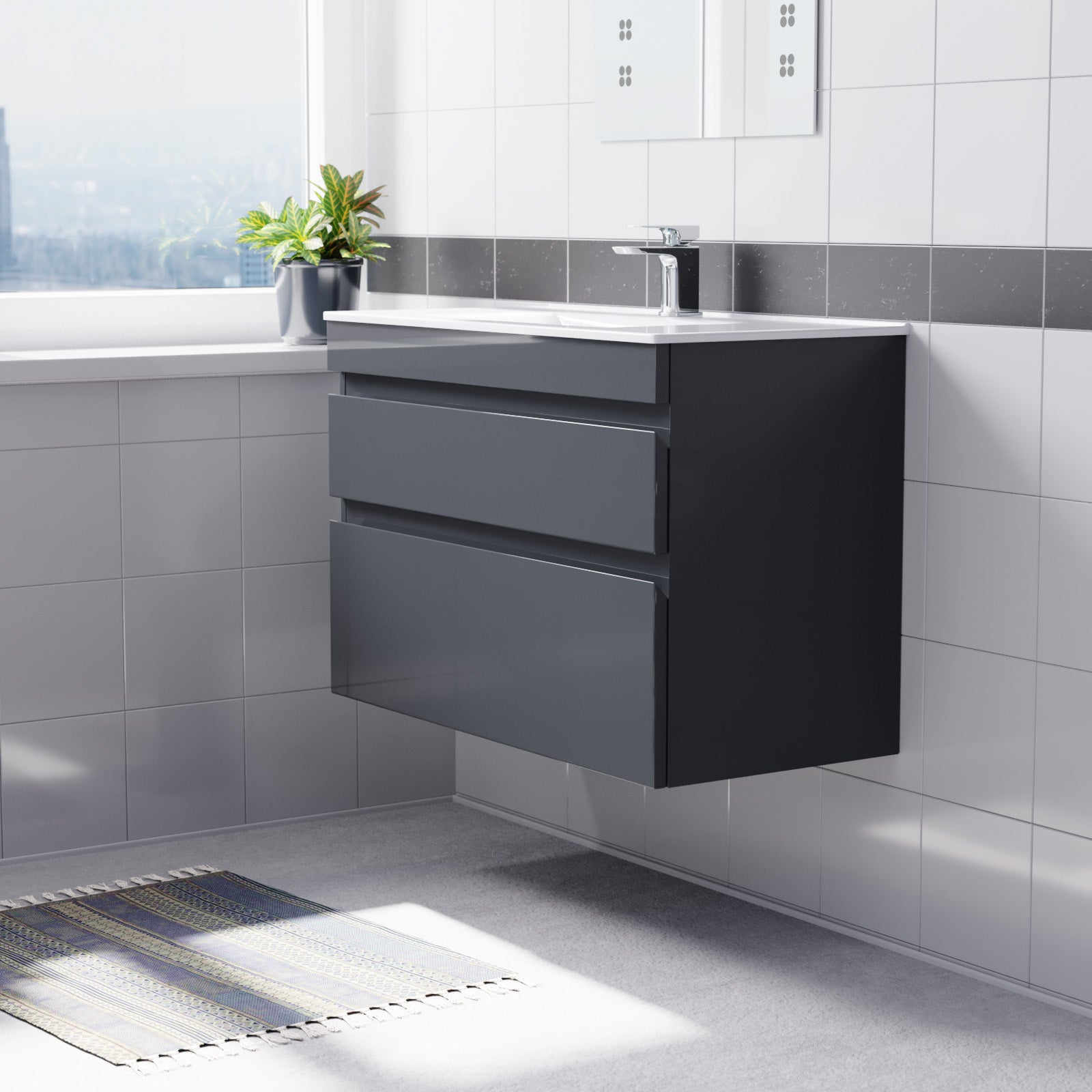 Alaska 800mm Dark Grey Wall Hung 2 Drawers Handleless Slim Basin Vanity Unit