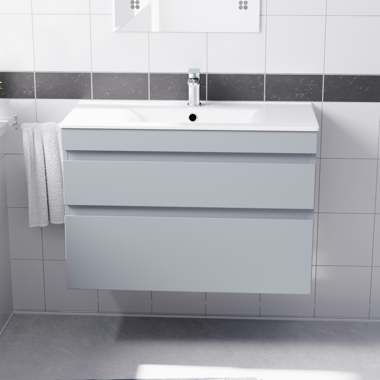 Alaska 800mm Matte Grey Wall Hung 2 Drawers Handleless Slim Basin Vanity Unit