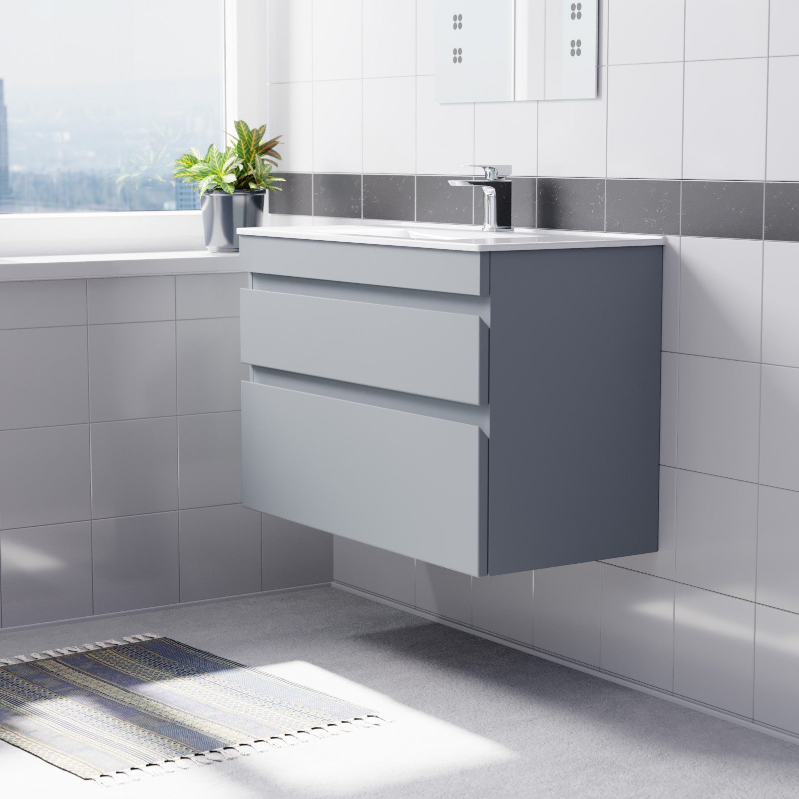 Alaska 800mm Matte Grey Wall Hung 2 Drawers Handleless Slim Basin Vanity Unit