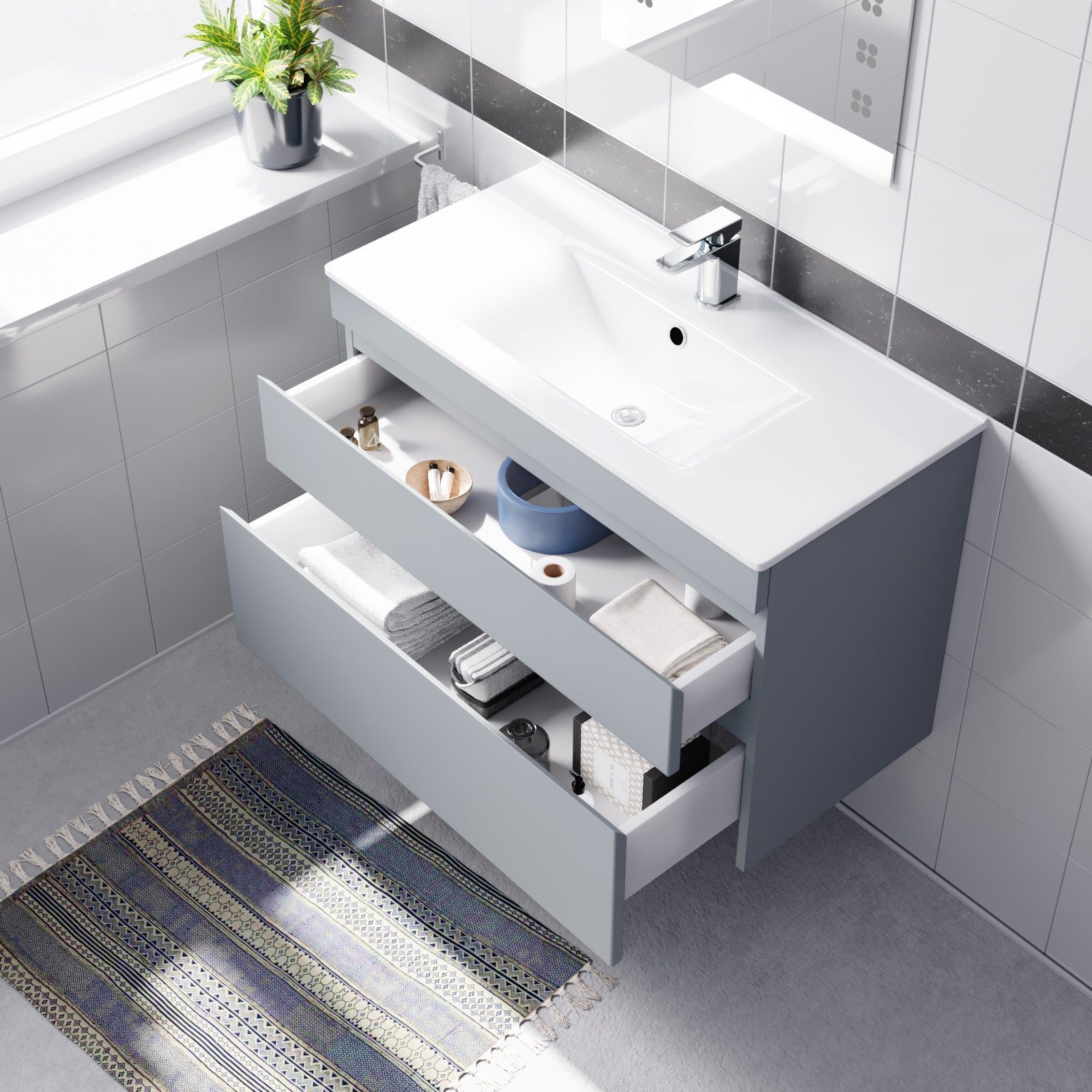 Alaska 800mm Matte Grey Wall Hung 2 Drawers Handleless Slim Basin Vanity Unit