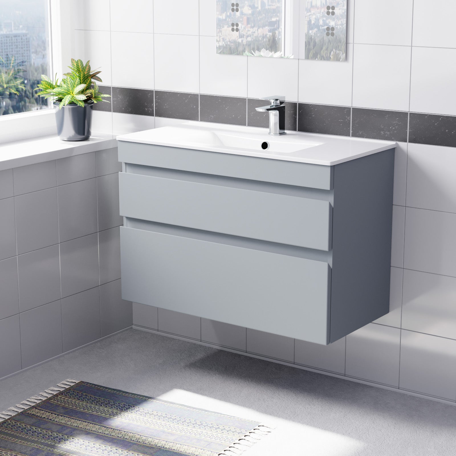 Alaska 800mm Matte Grey Wall Hung 2 Drawers Handleless Slim Basin Vanity Unit