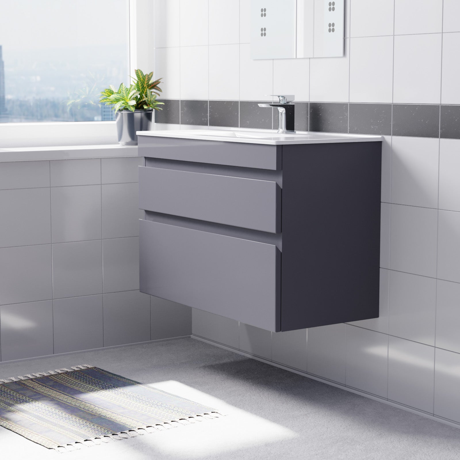 Alaska 800mm Grey Wall Hung 2 Drawers Handleless Slim Basin Vanity Unit