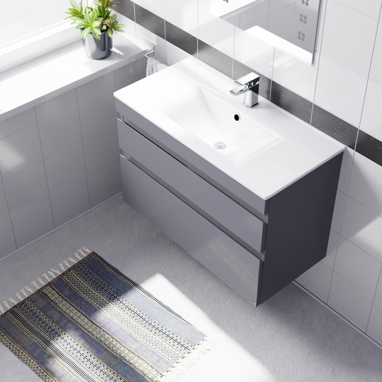 Alaska 800mm Grey Wall Hung 2 Drawers Handleless Slim Basin Vanity Unit