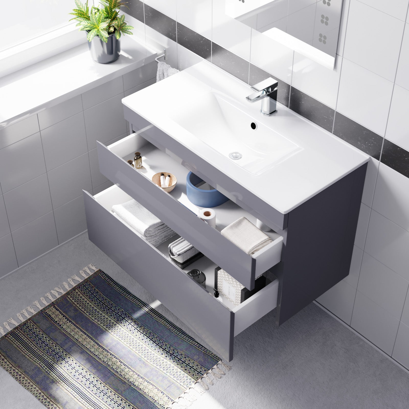 Alaska 800mm Grey Wall Hung 2 Drawers Handleless Slim Basin Vanity Unit